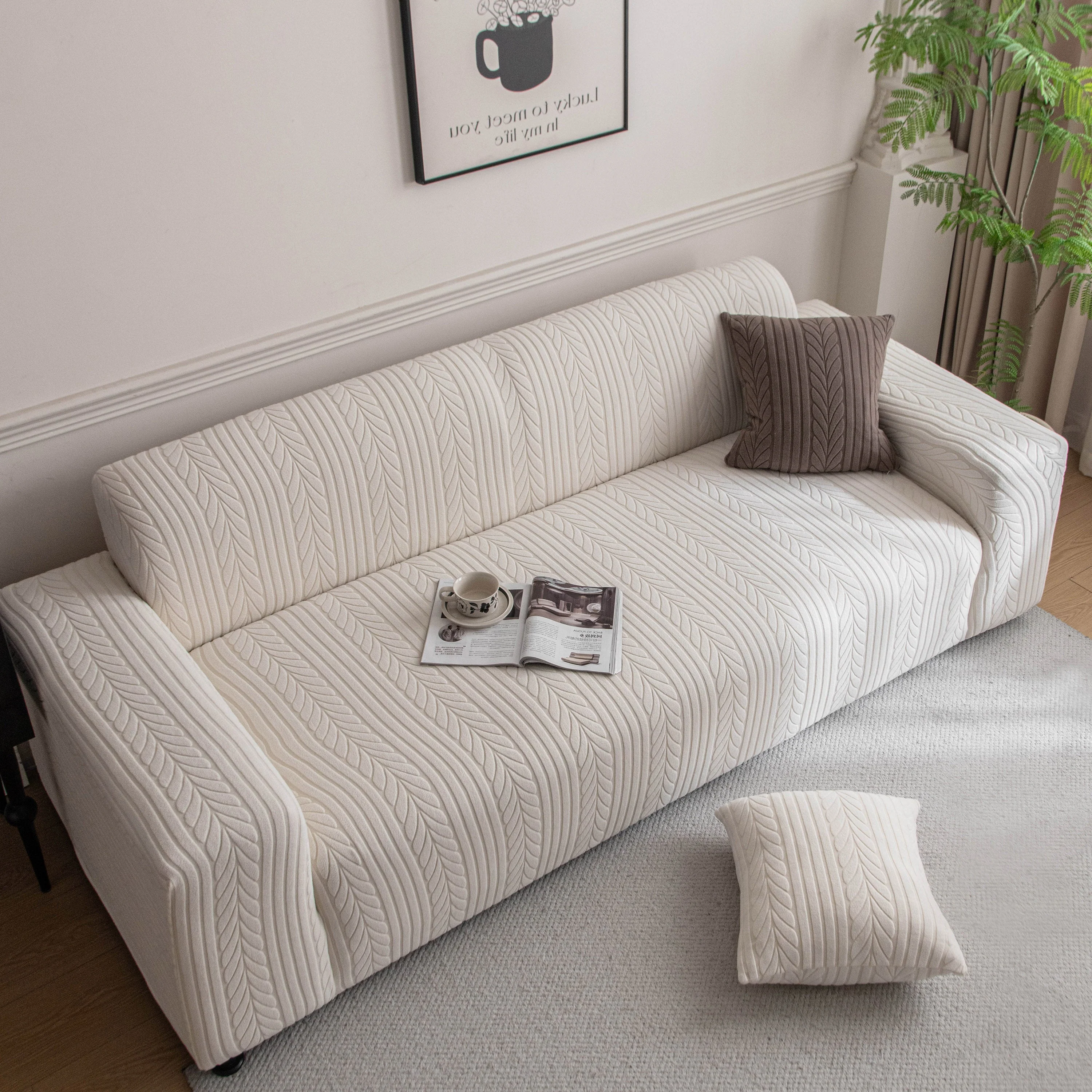 Plush Fleece Sofa Slipcover with 3D Wheat Pattern, Cozy High-Stretch Couch Cover - Image 16