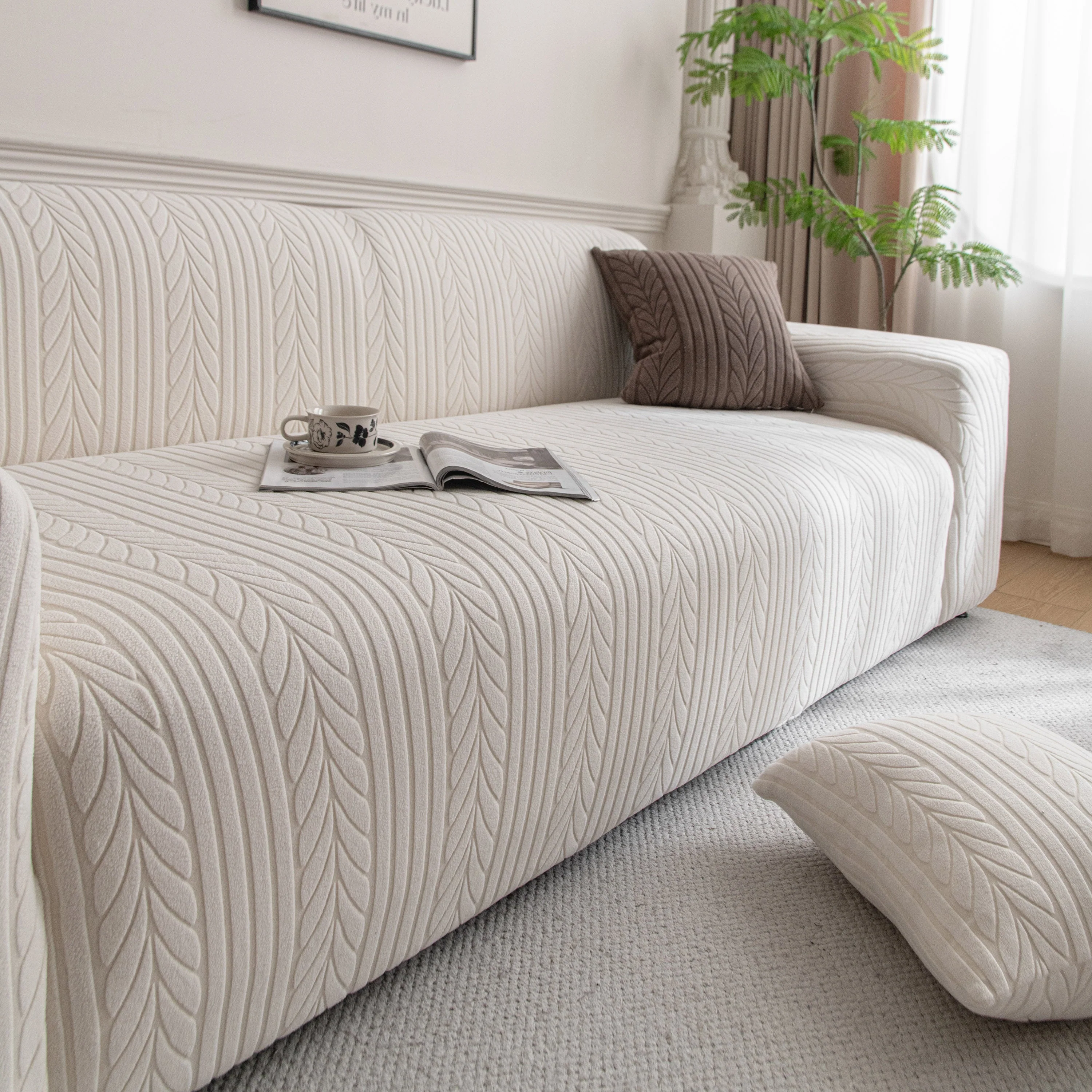 Plush Fleece Sofa Slipcover with 3D Wheat Pattern, Cozy High-Stretch Couch Cover - Image 19