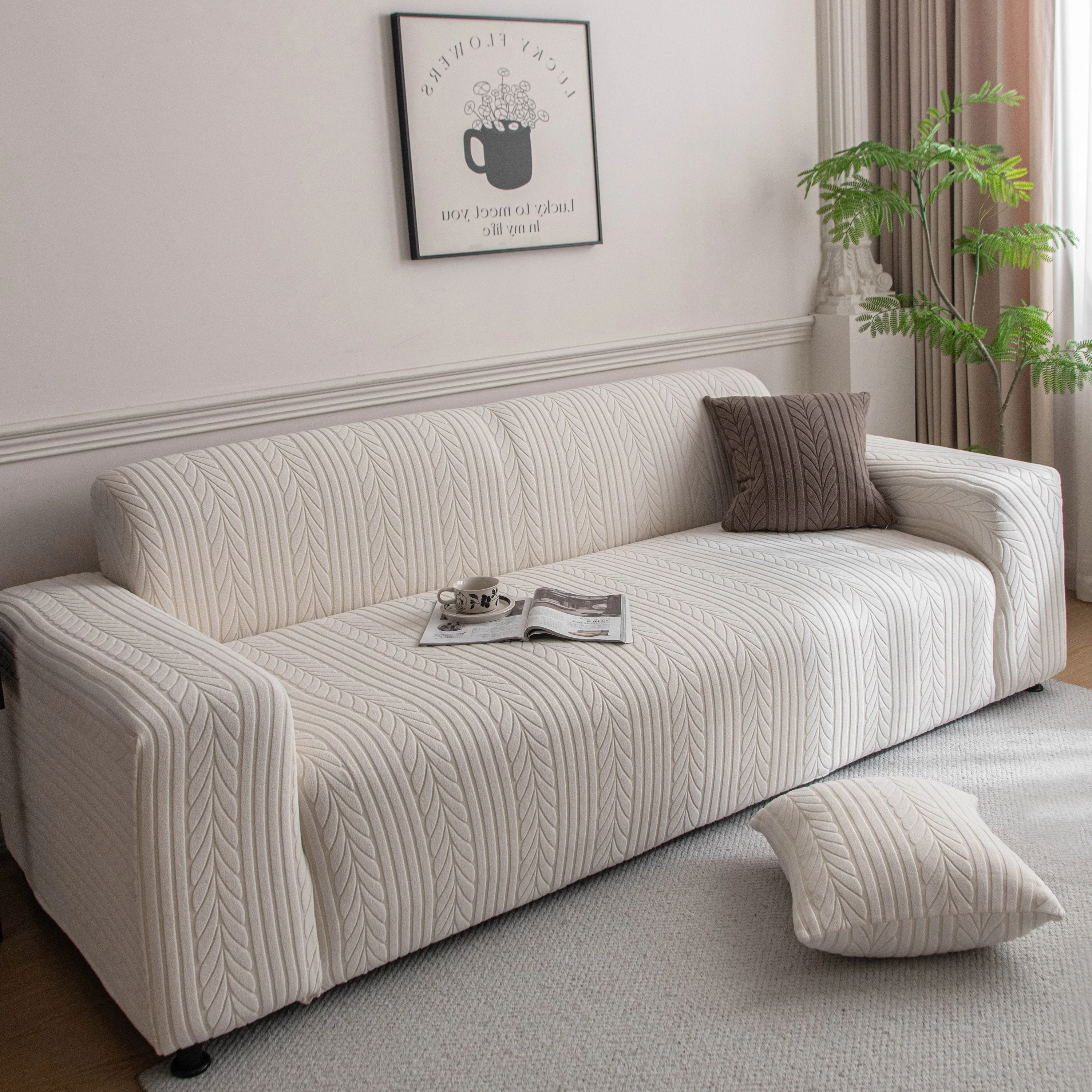 Plush Fleece Sofa Slipcover with 3D Wheat Pattern, Cozy High-Stretch Couch Cover - Image 25