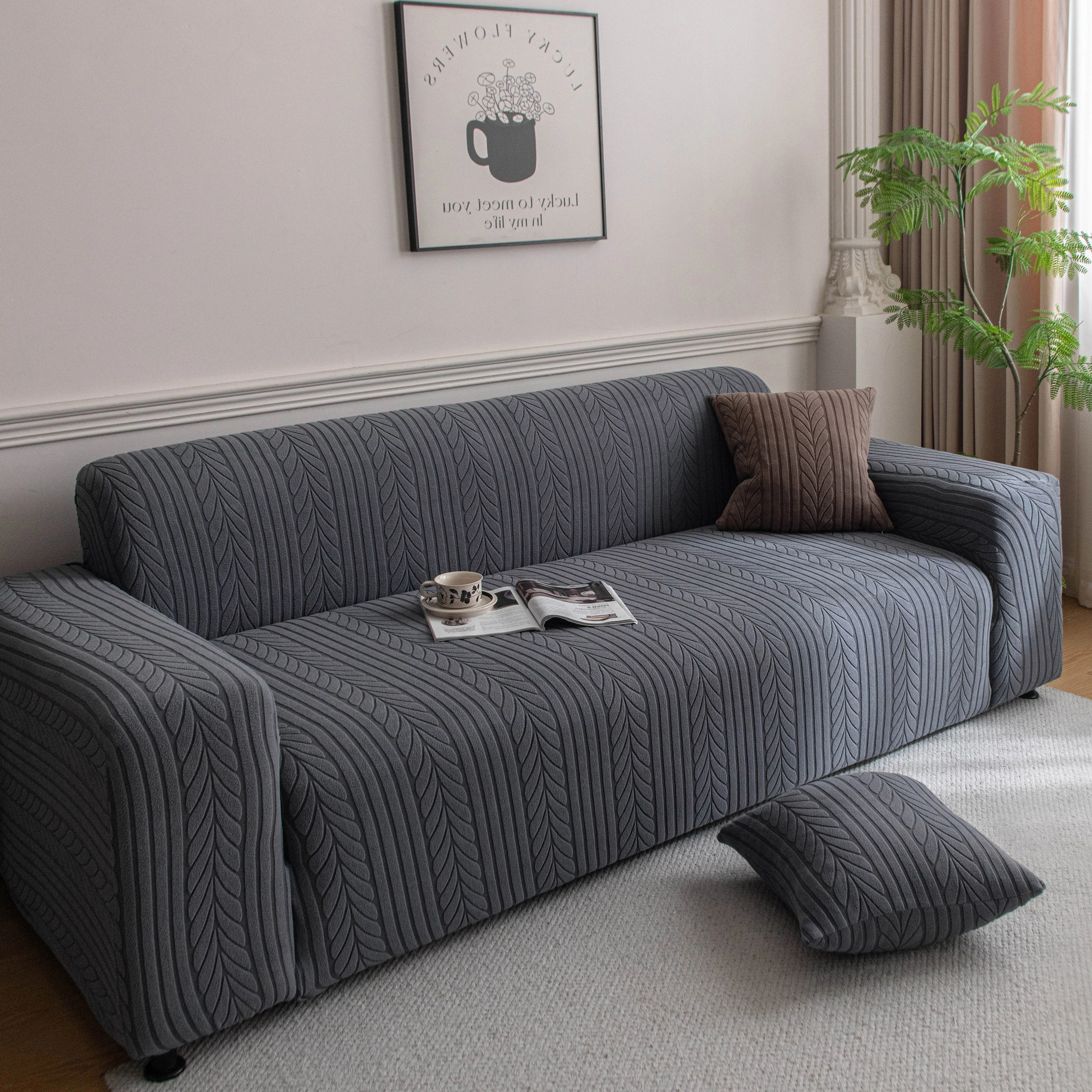 Plush Fleece Sofa Slipcover with 3D Wheat Pattern, Cozy High-Stretch Couch Cover - Image 26