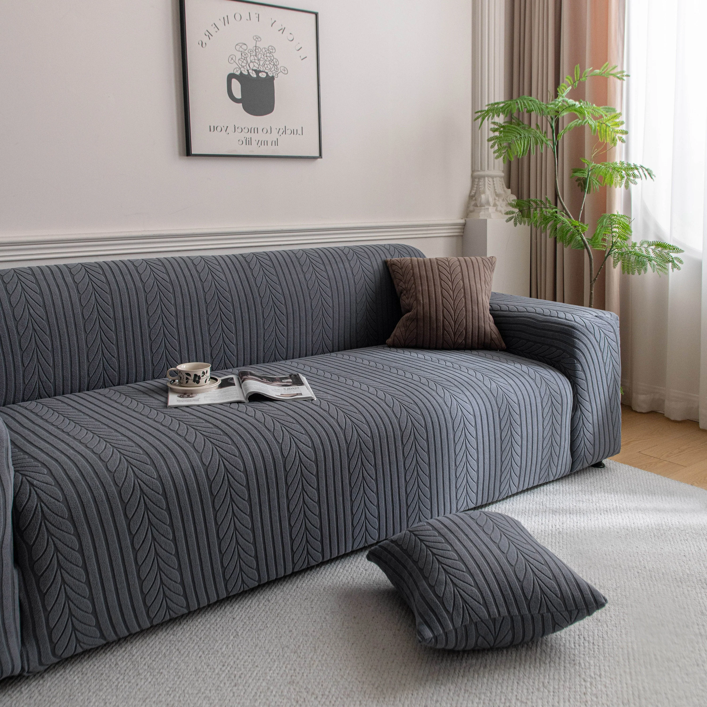 Plush Fleece Sofa Slipcover with 3D Wheat Pattern, Cozy High-Stretch Couch Cover - Image 28