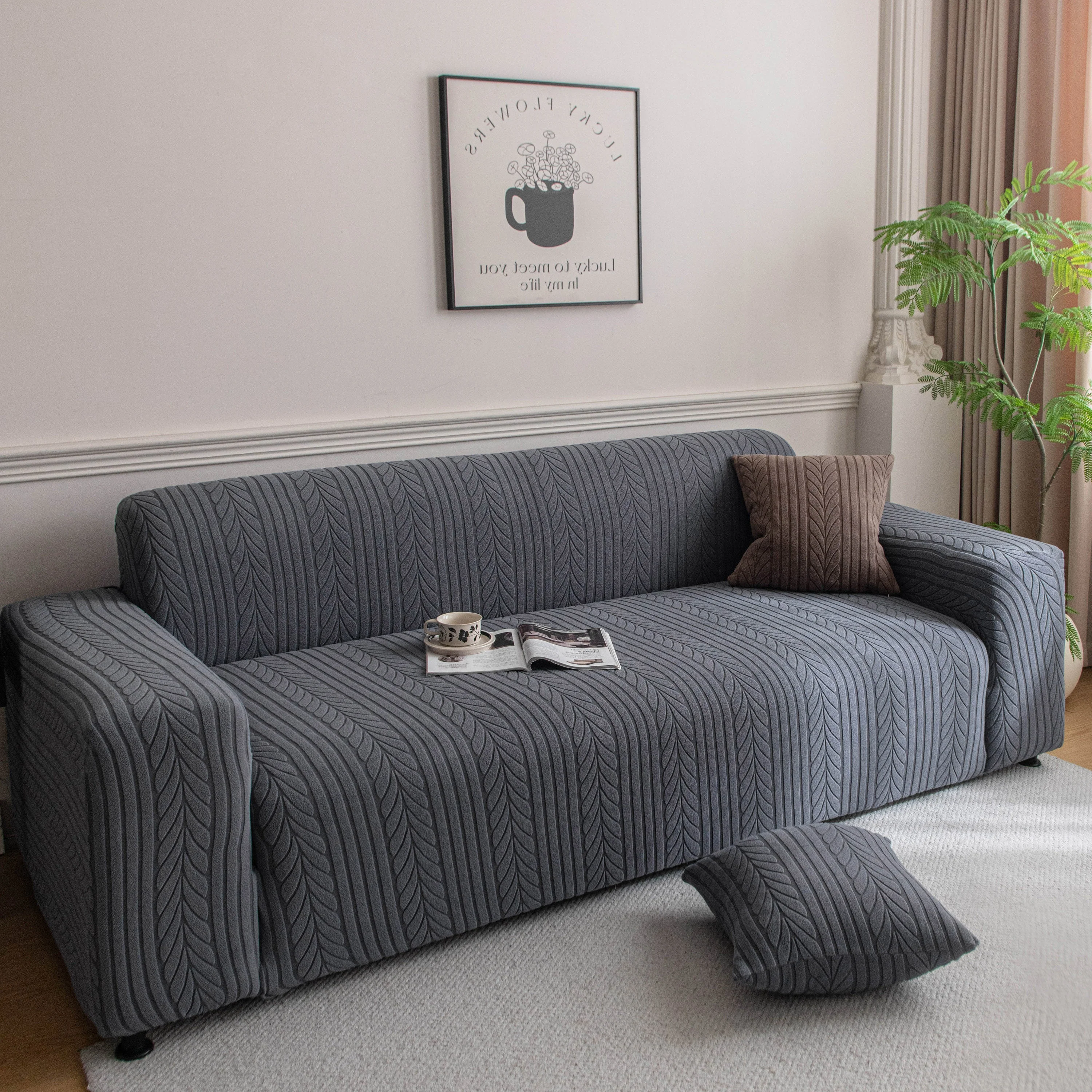 Plush Fleece Sofa Slipcover with 3D Wheat Pattern, Cozy High-Stretch Couch Cover - Image 29