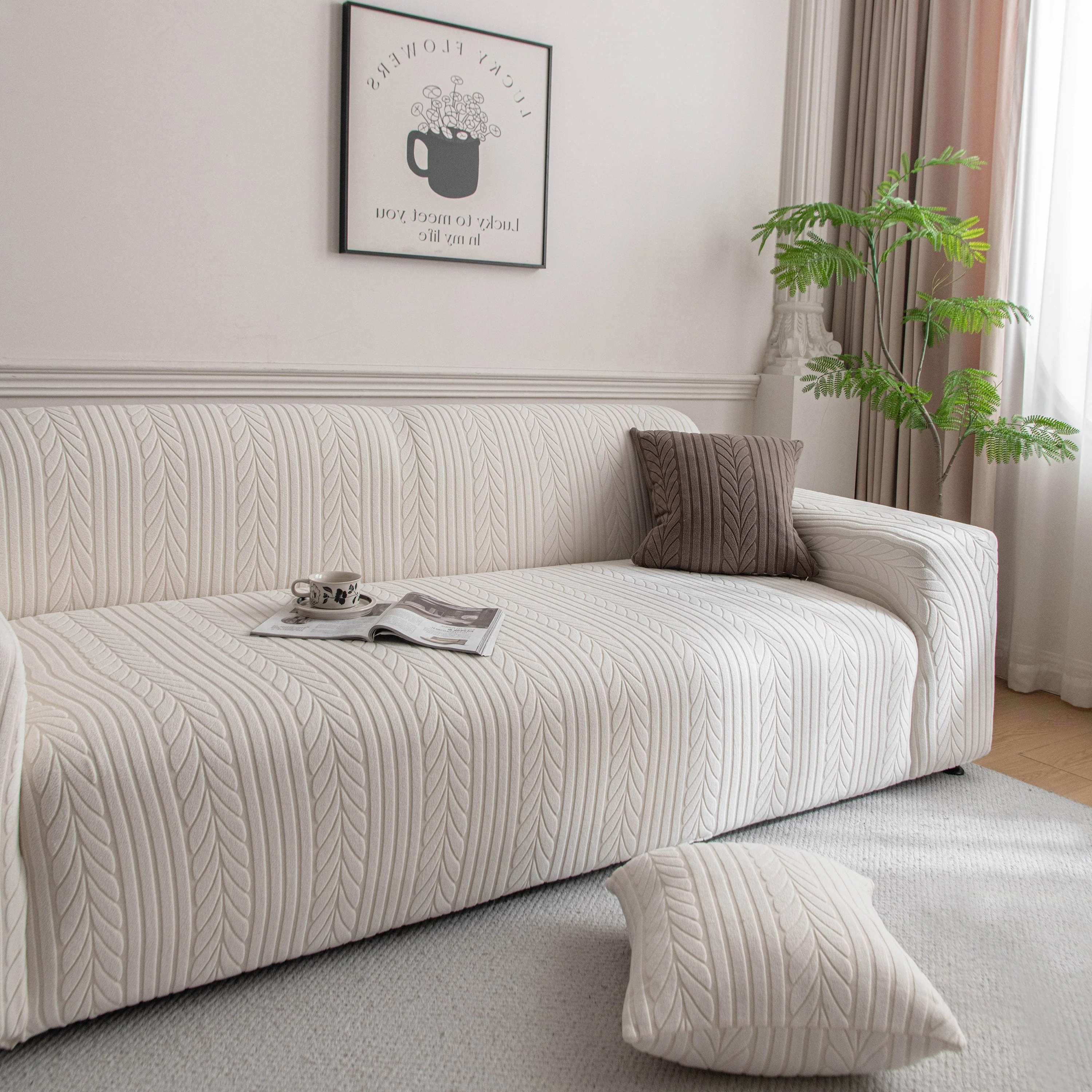 Plush Fleece Sofa Slipcover with 3D Wheat Pattern, Cozy High-Stretch Couch Cover - Image 3