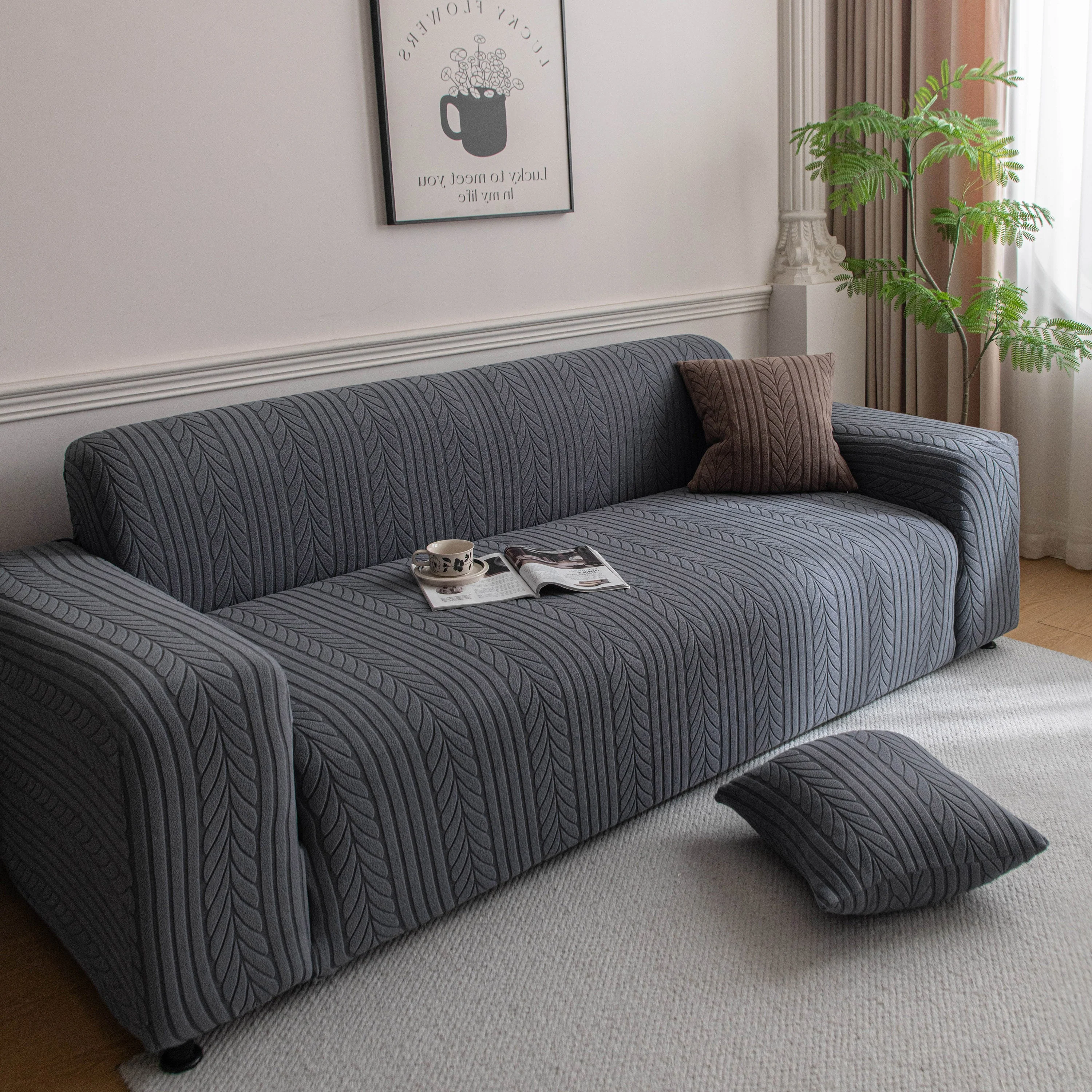 Plush Fleece Sofa Slipcover with 3D Wheat Pattern, Cozy High-Stretch Couch Cover - Image 30