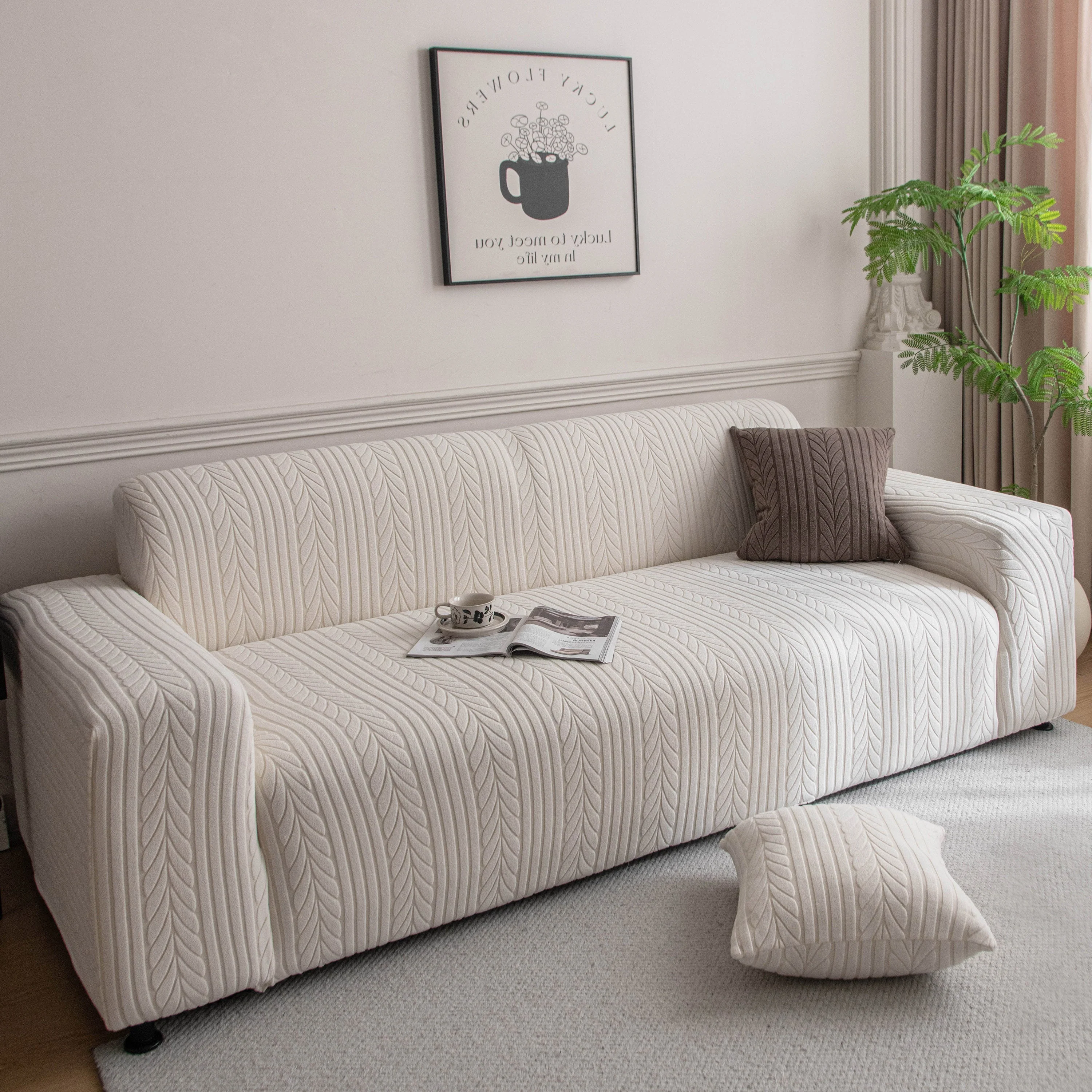 Plush Fleece Sofa Slipcover with 3D Wheat Pattern, Cozy High-Stretch Couch Cover - Image 4
