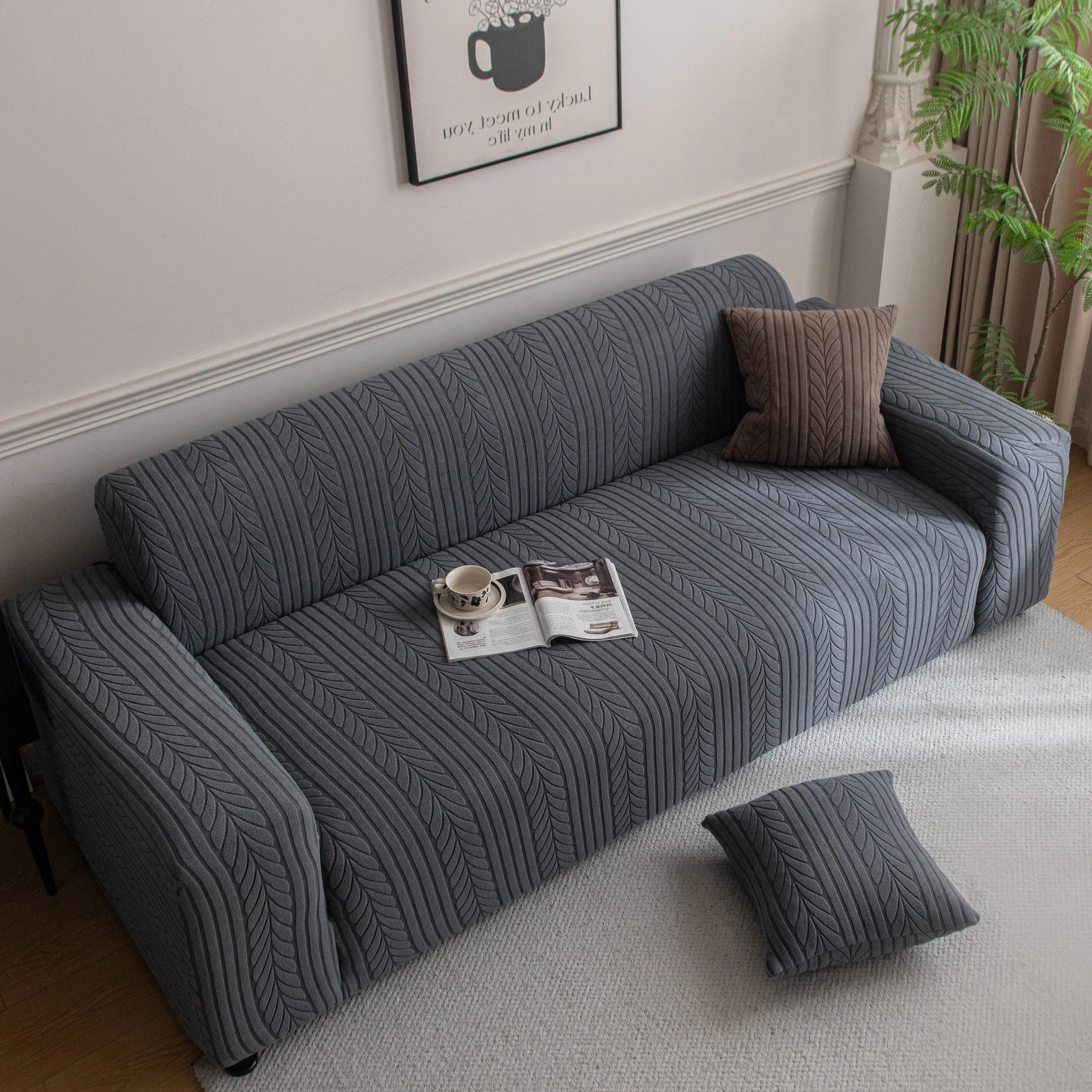 Plush Fleece Sofa Slipcover with 3D Wheat Pattern, Cozy High-Stretch Couch Cover - Image 42