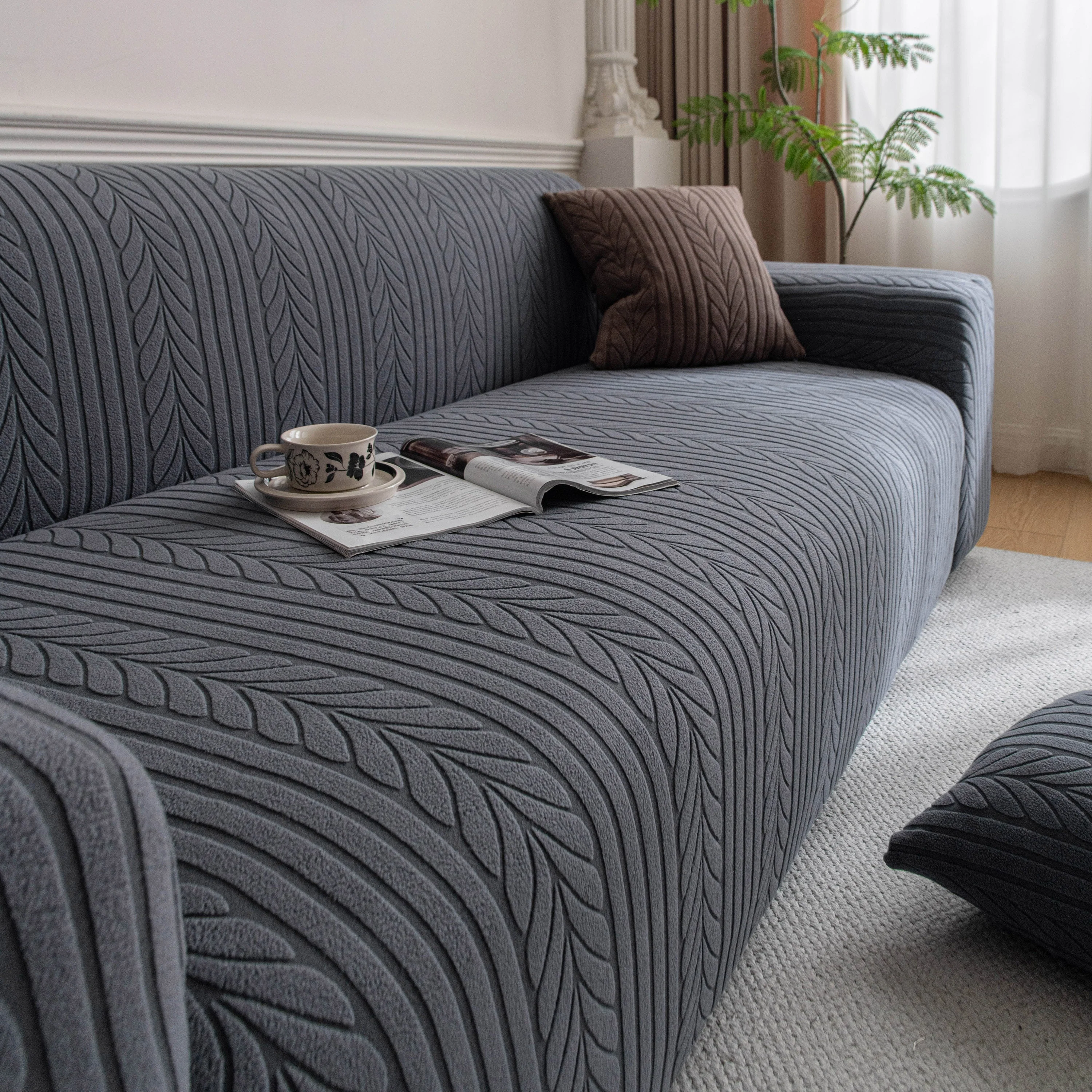 Plush Fleece Sofa Slipcover with 3D Wheat Pattern, Cozy High-Stretch Couch Cover - Image 44