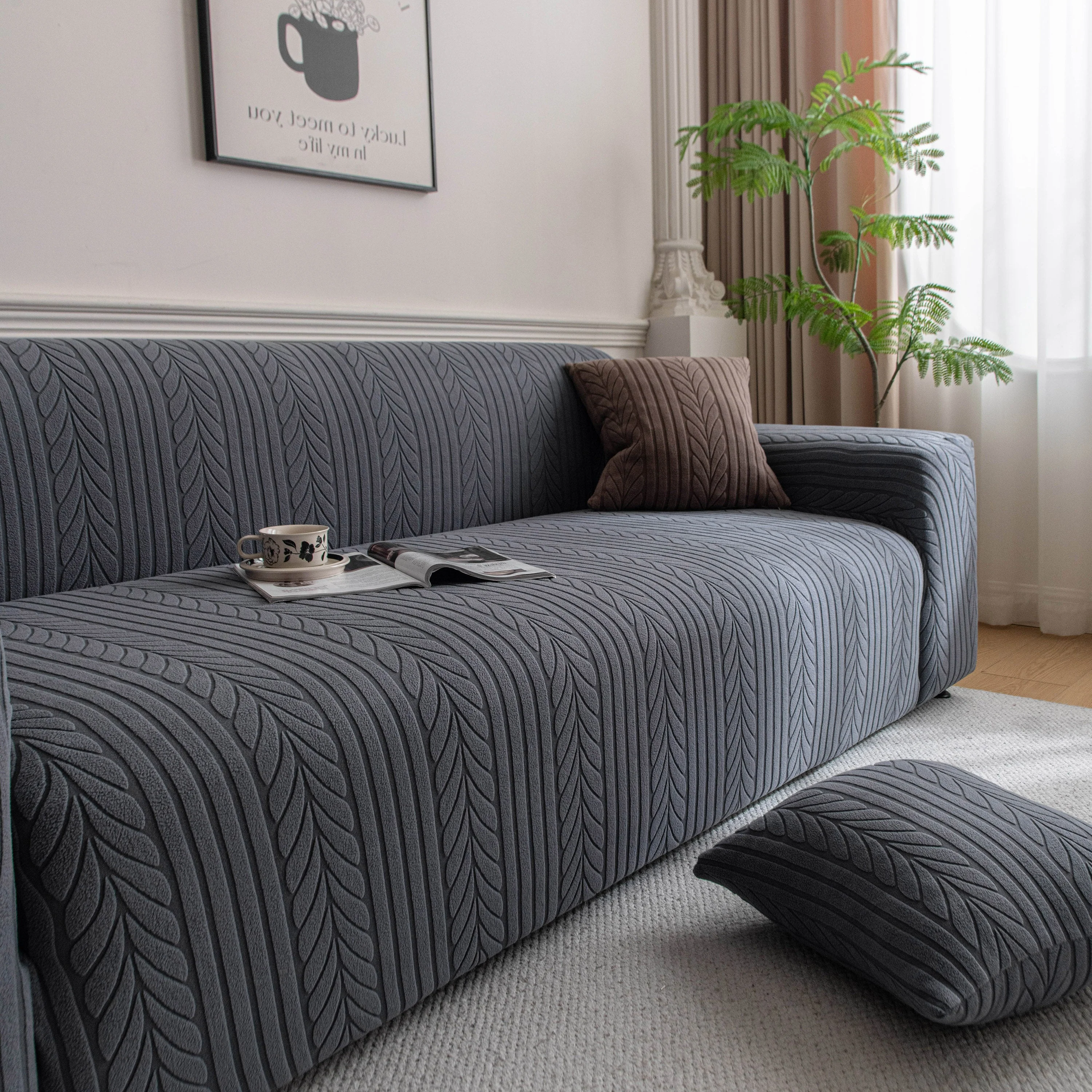 Plush Fleece Sofa Slipcover with 3D Wheat Pattern, Cozy High-Stretch Couch Cover - Image 45