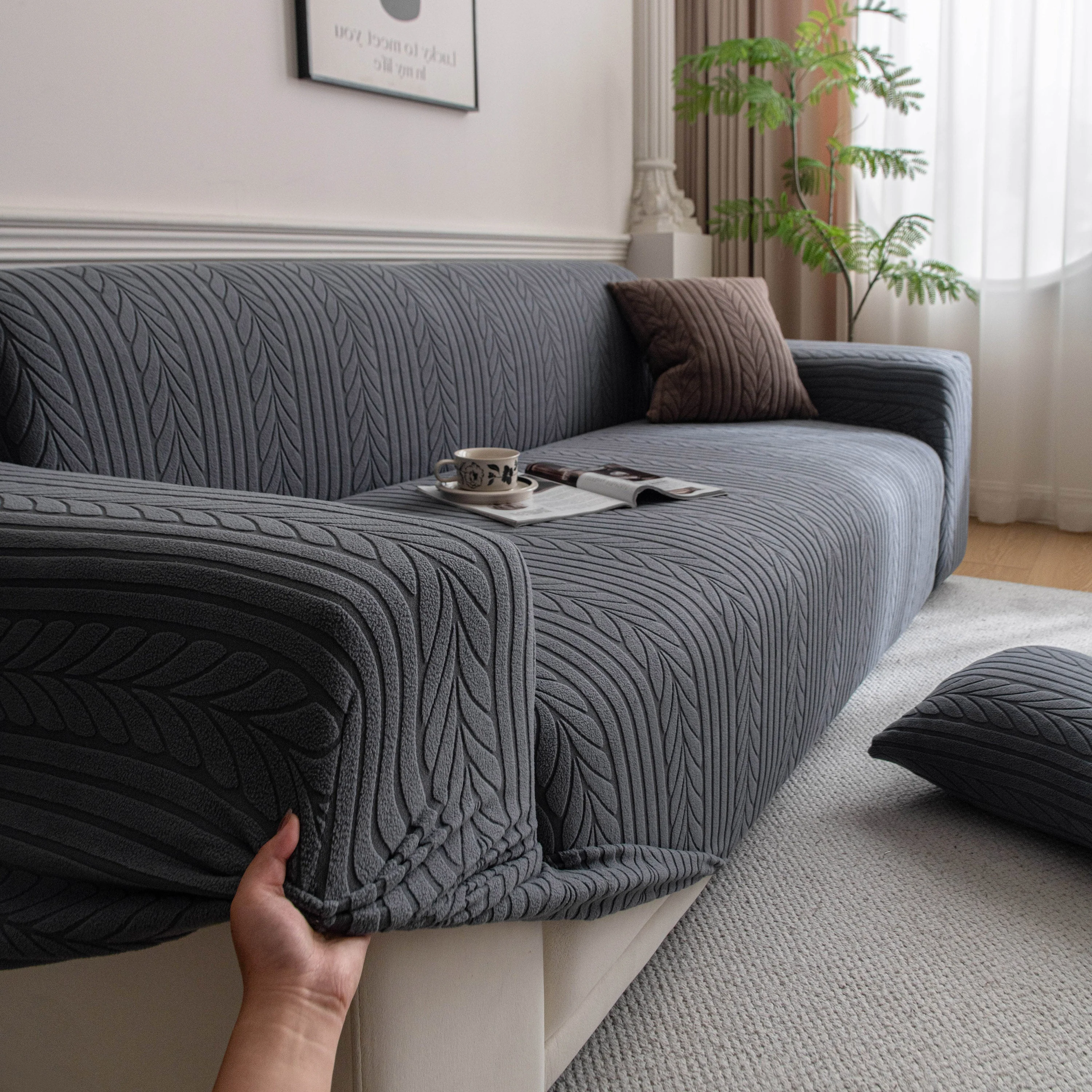 Plush Fleece Sofa Slipcover with 3D Wheat Pattern, Cozy High-Stretch Couch Cover - Image 46