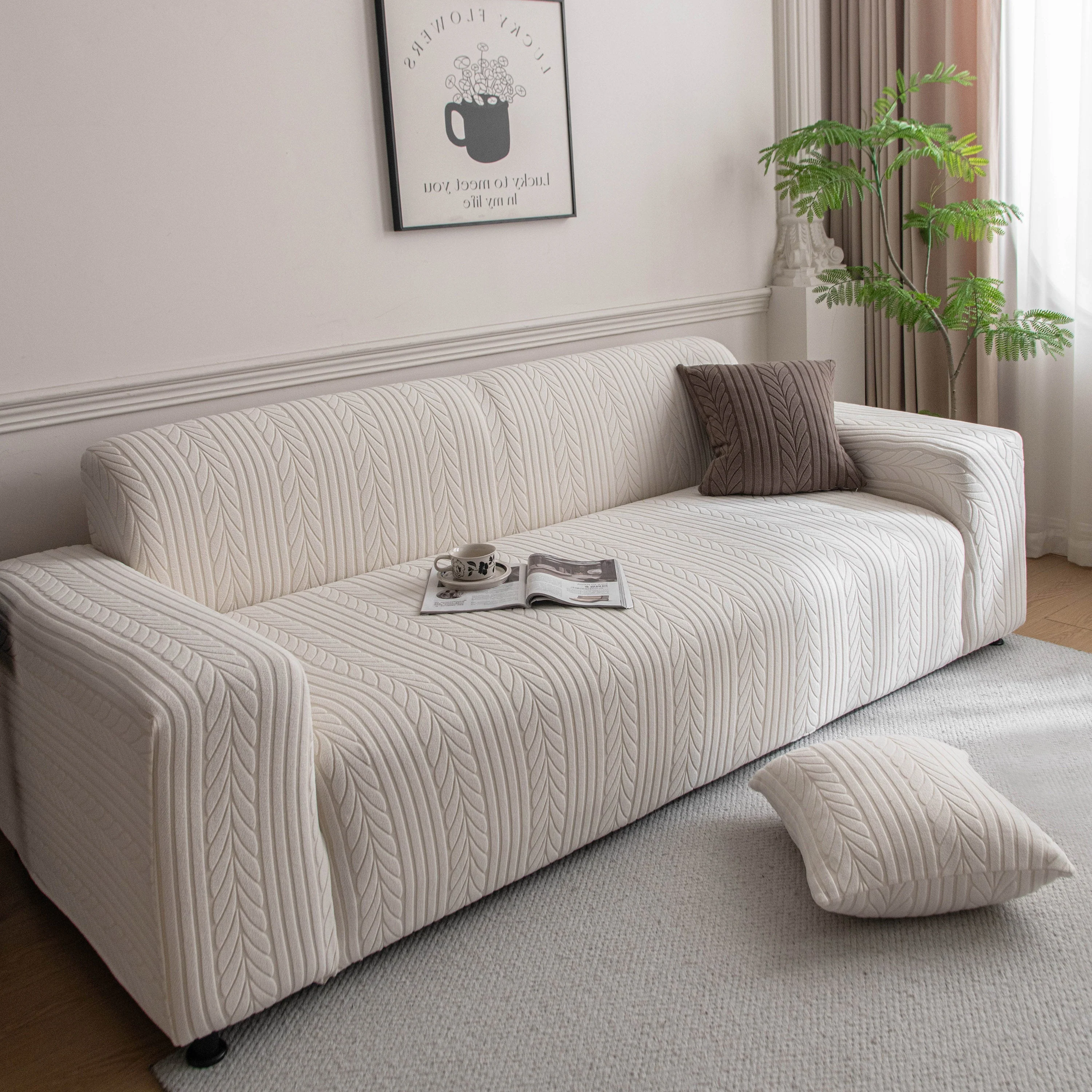 Plush Fleece Sofa Slipcover with 3D Wheat Pattern, Cozy High-Stretch Couch Cover - Image 5