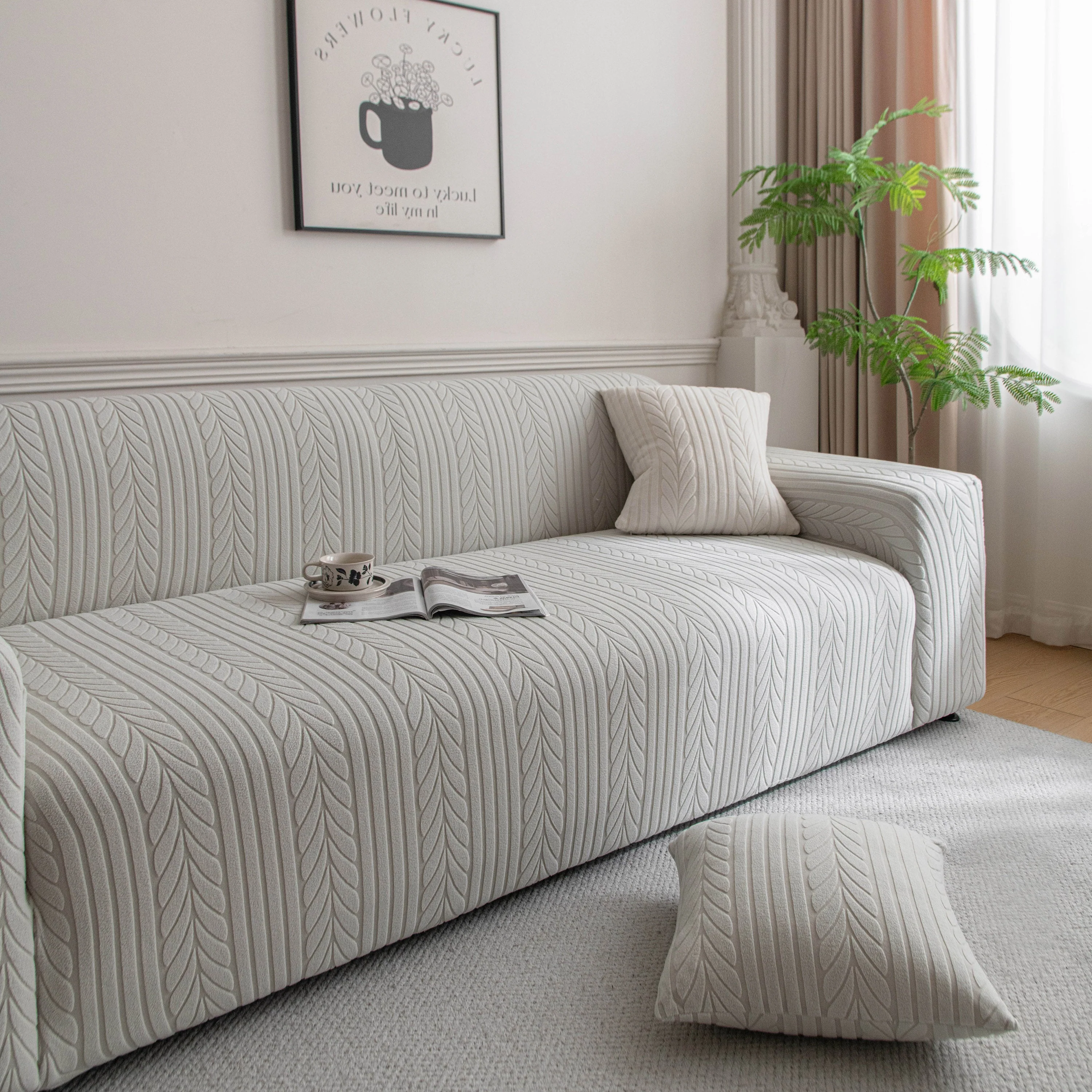 Plush Fleece Sofa Slipcover with 3D Wheat Pattern, Cozy High-Stretch Couch Cover - Image 51