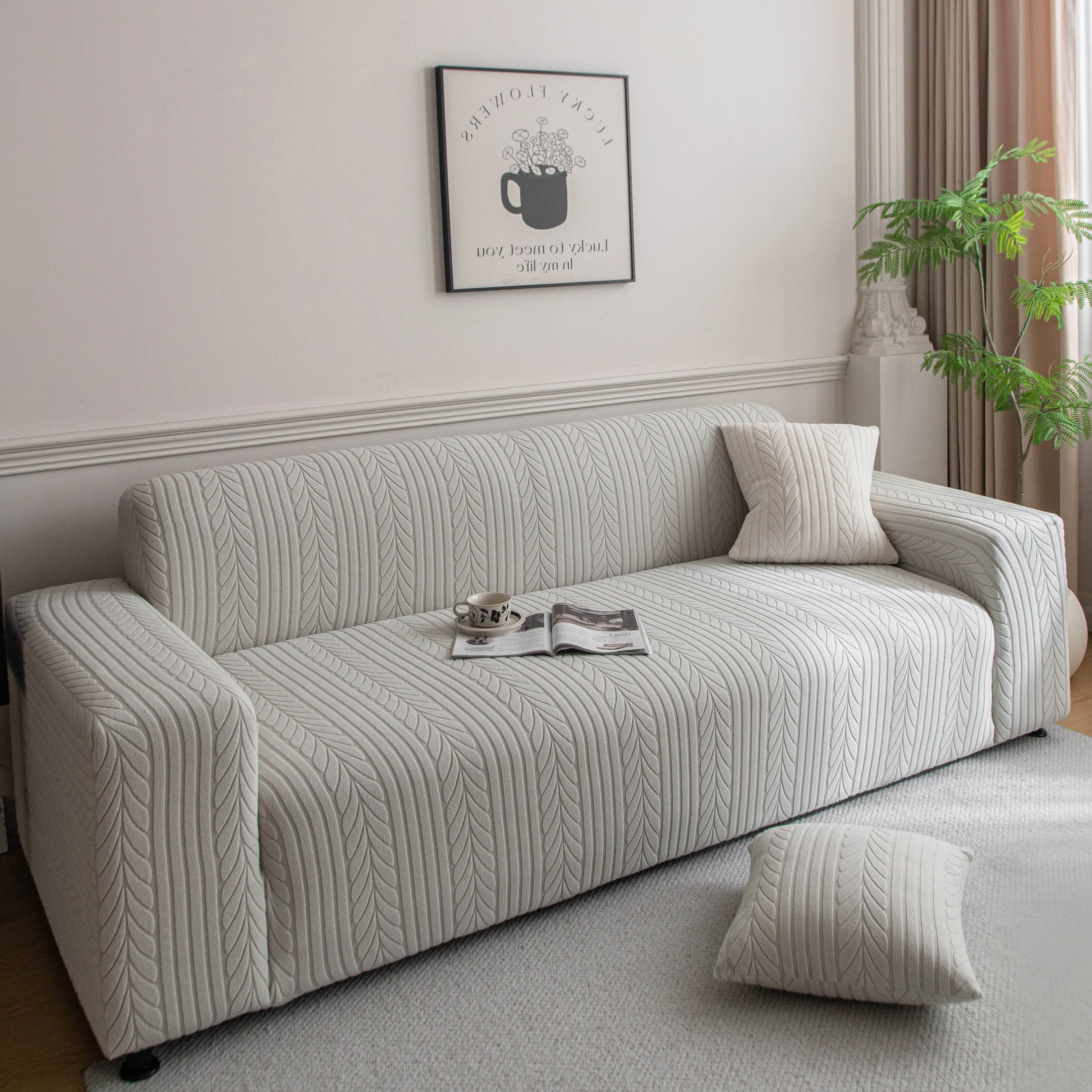 Plush Fleece Sofa Slipcover with 3D Wheat Pattern, Cozy High-Stretch Couch Cover - Image 52