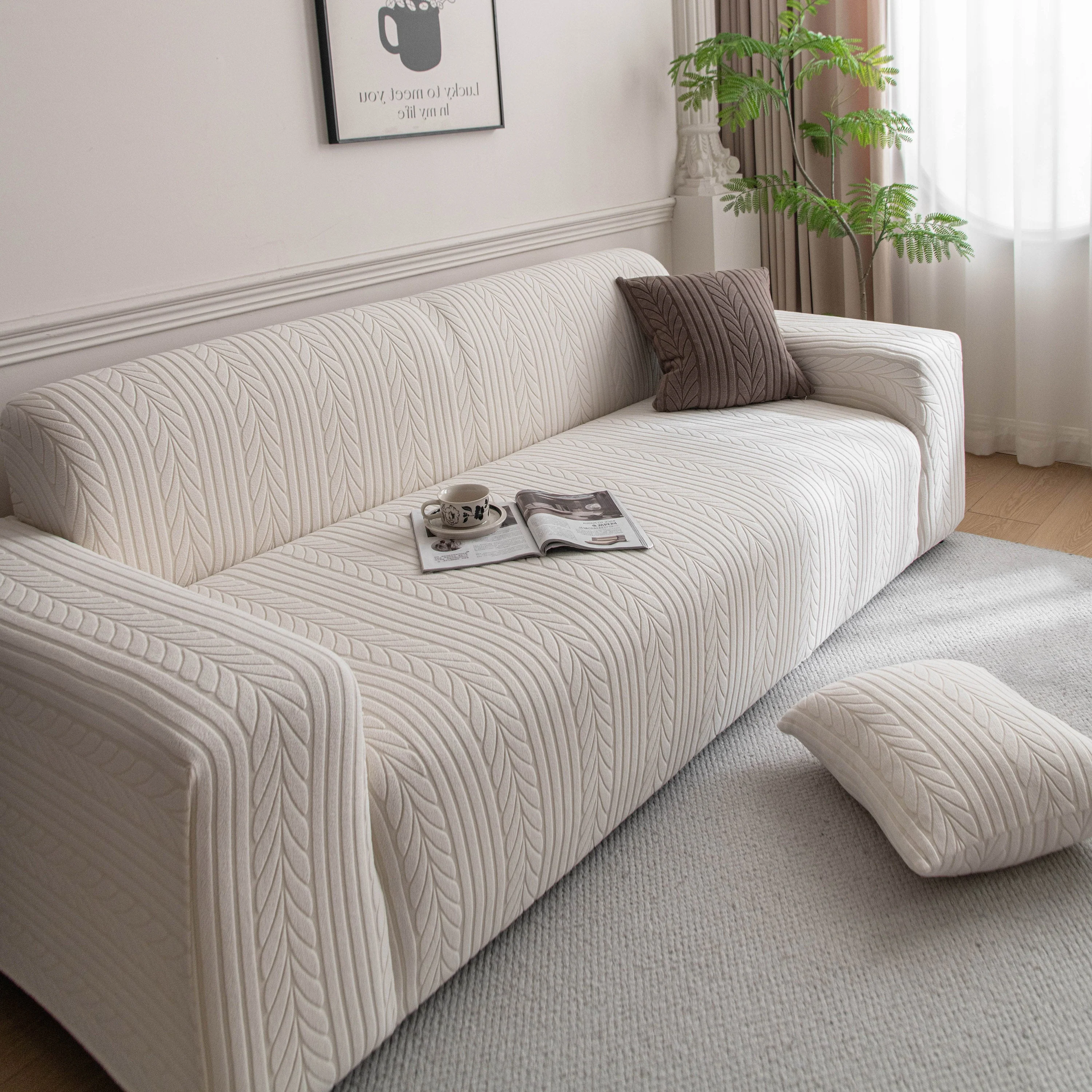 Plush Fleece Sofa Slipcover with 3D Wheat Pattern, Cozy High-Stretch Couch Cover - Image 6