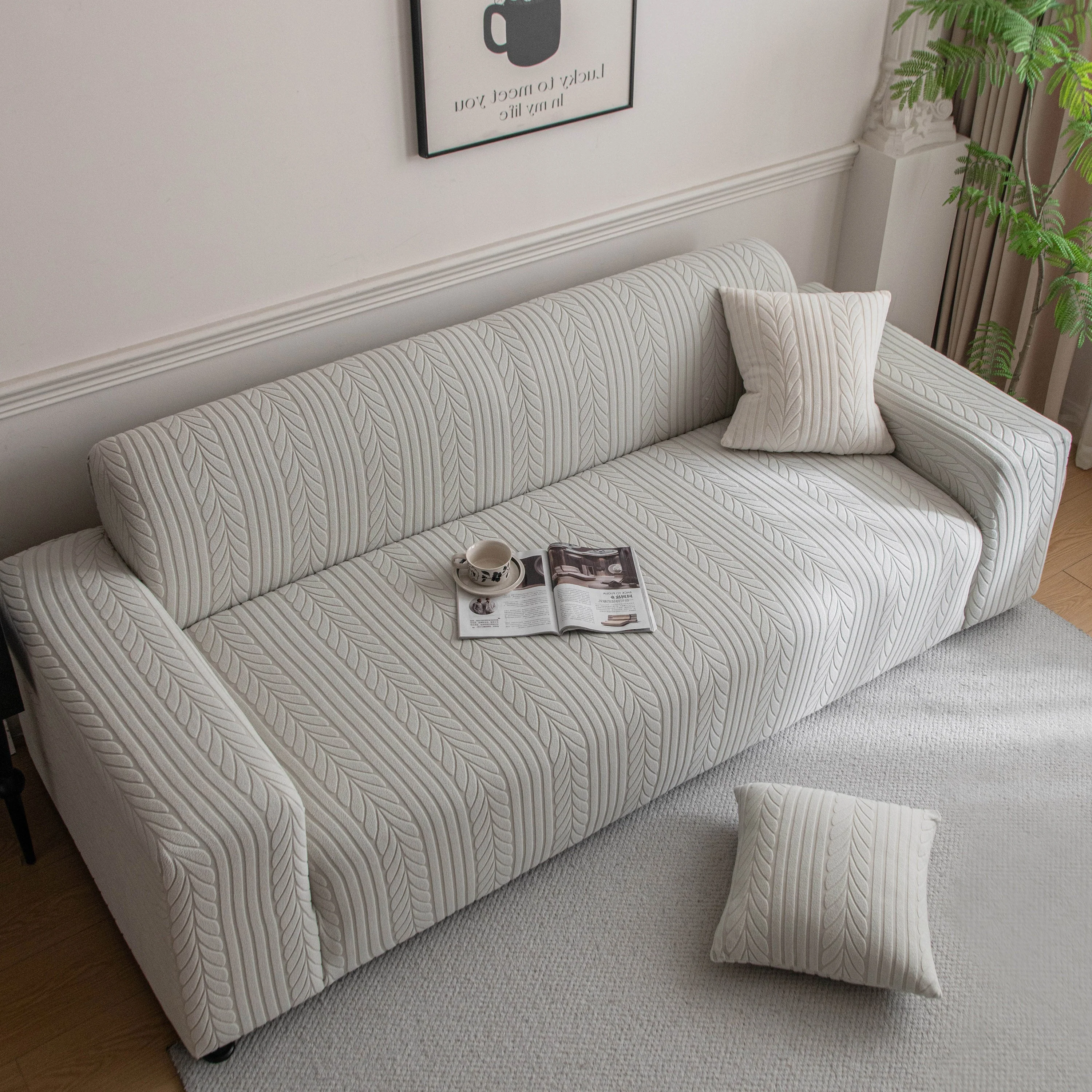 Plush Fleece Sofa Slipcover with 3D Wheat Pattern, Cozy High-Stretch Couch Cover - Image 62