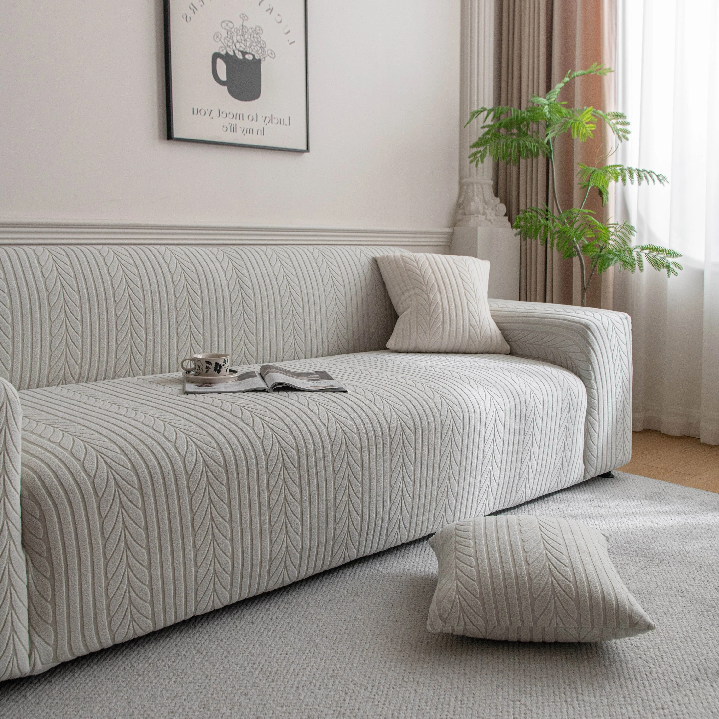 Plush Fleece Sofa Slipcover with 3D Wheat Pattern, Cozy High-Stretch Couch Cover - Image 63