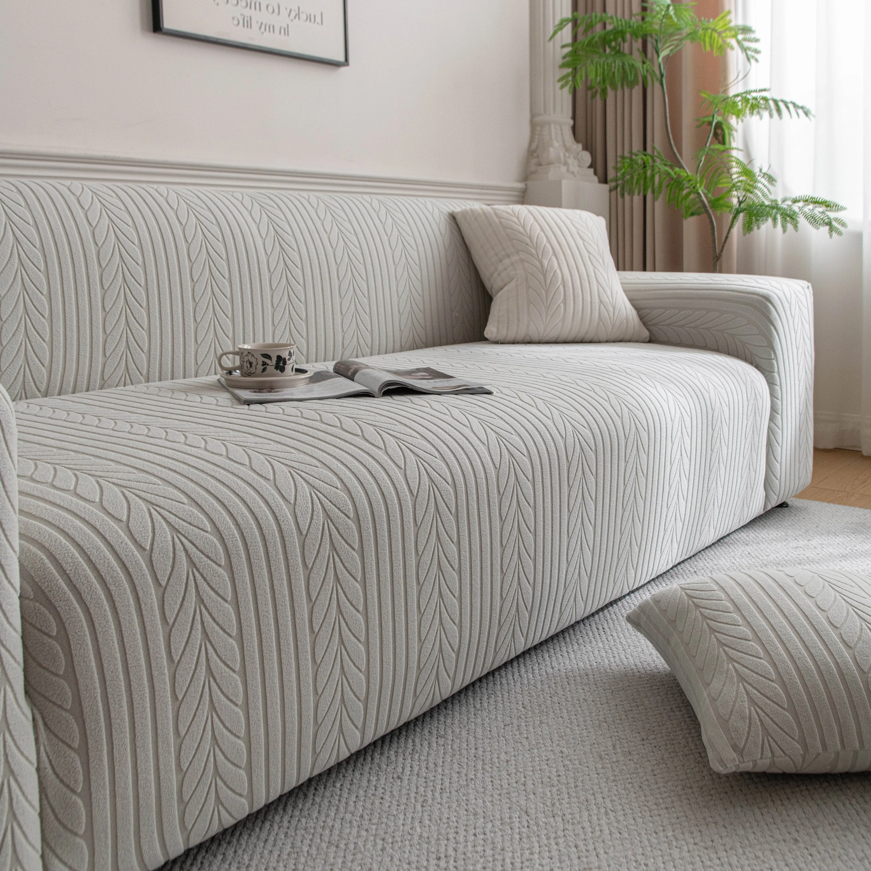 Plush Fleece Sofa Slipcover with 3D Wheat Pattern, Cozy High-Stretch Couch Cover - Image 64