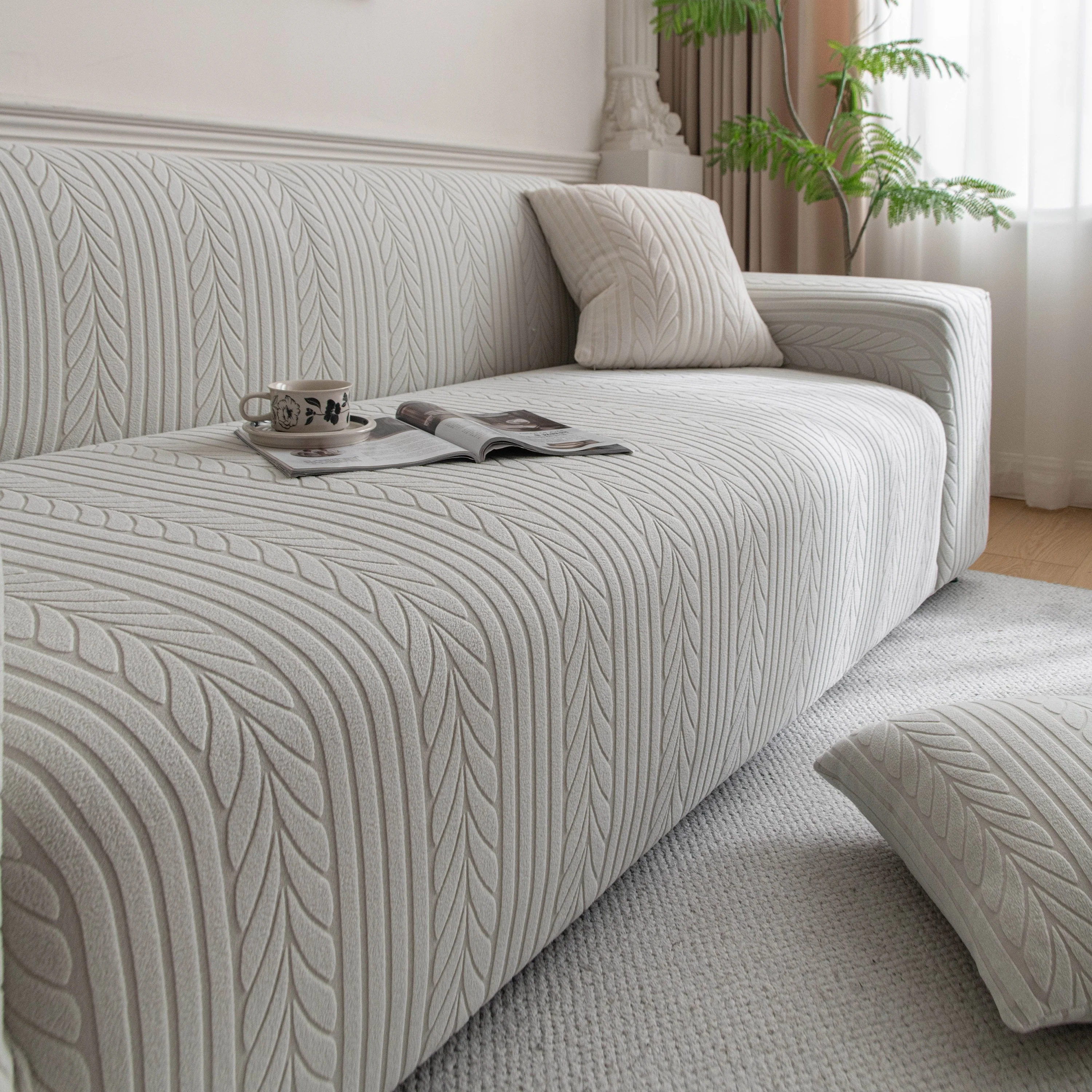 Plush Fleece Sofa Slipcover with 3D Wheat Pattern, Cozy High-Stretch Couch Cover - Image 65