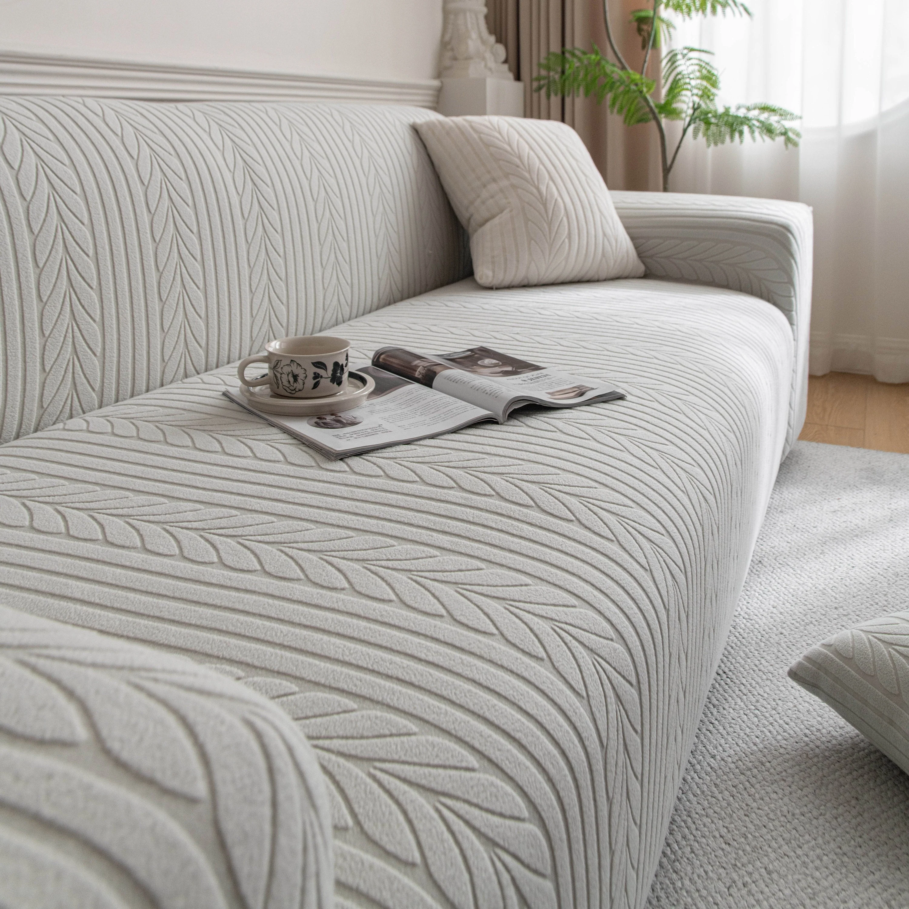 Plush Fleece Sofa Slipcover with 3D Wheat Pattern, Cozy High-Stretch Couch Cover - Image 66