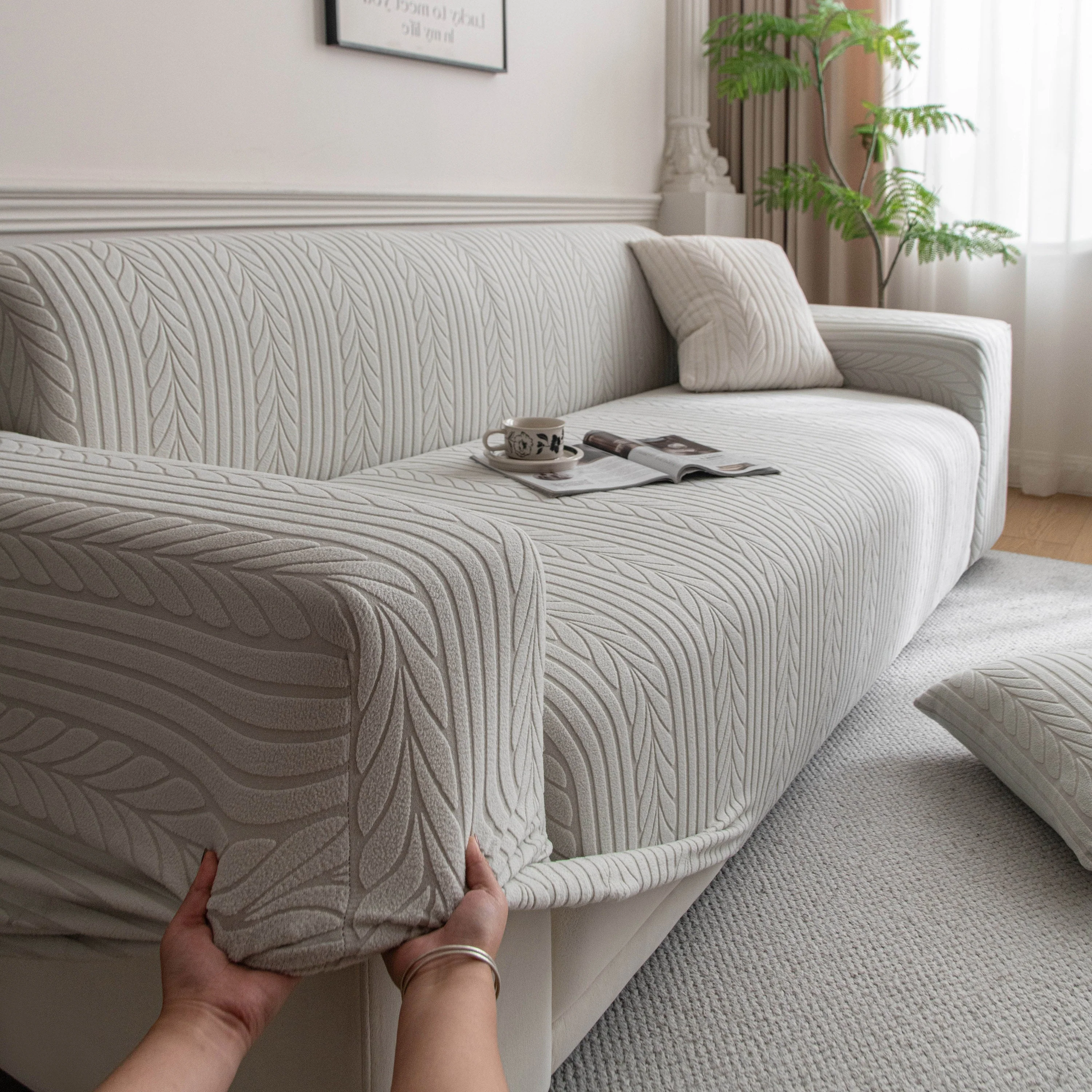 Plush Fleece Sofa Slipcover with 3D Wheat Pattern, Cozy High-Stretch Couch Cover - Image 67