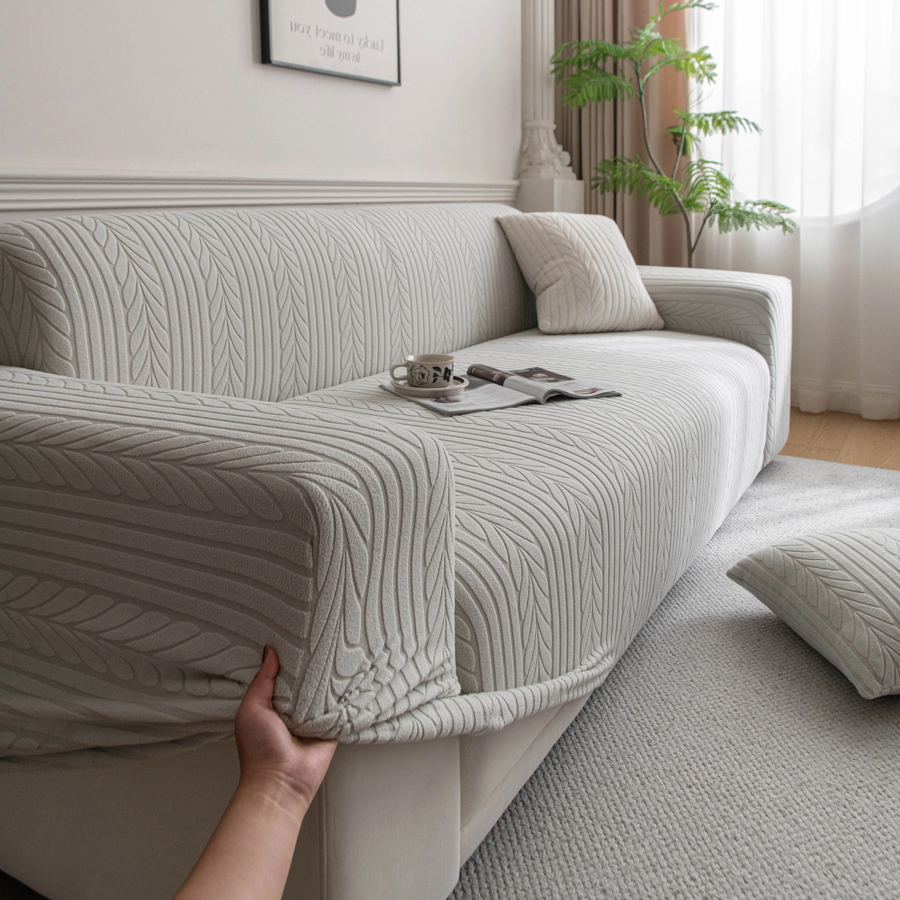 Plush Fleece Sofa Slipcover with 3D Wheat Pattern, Cozy High-Stretch Couch Cover - Image 68