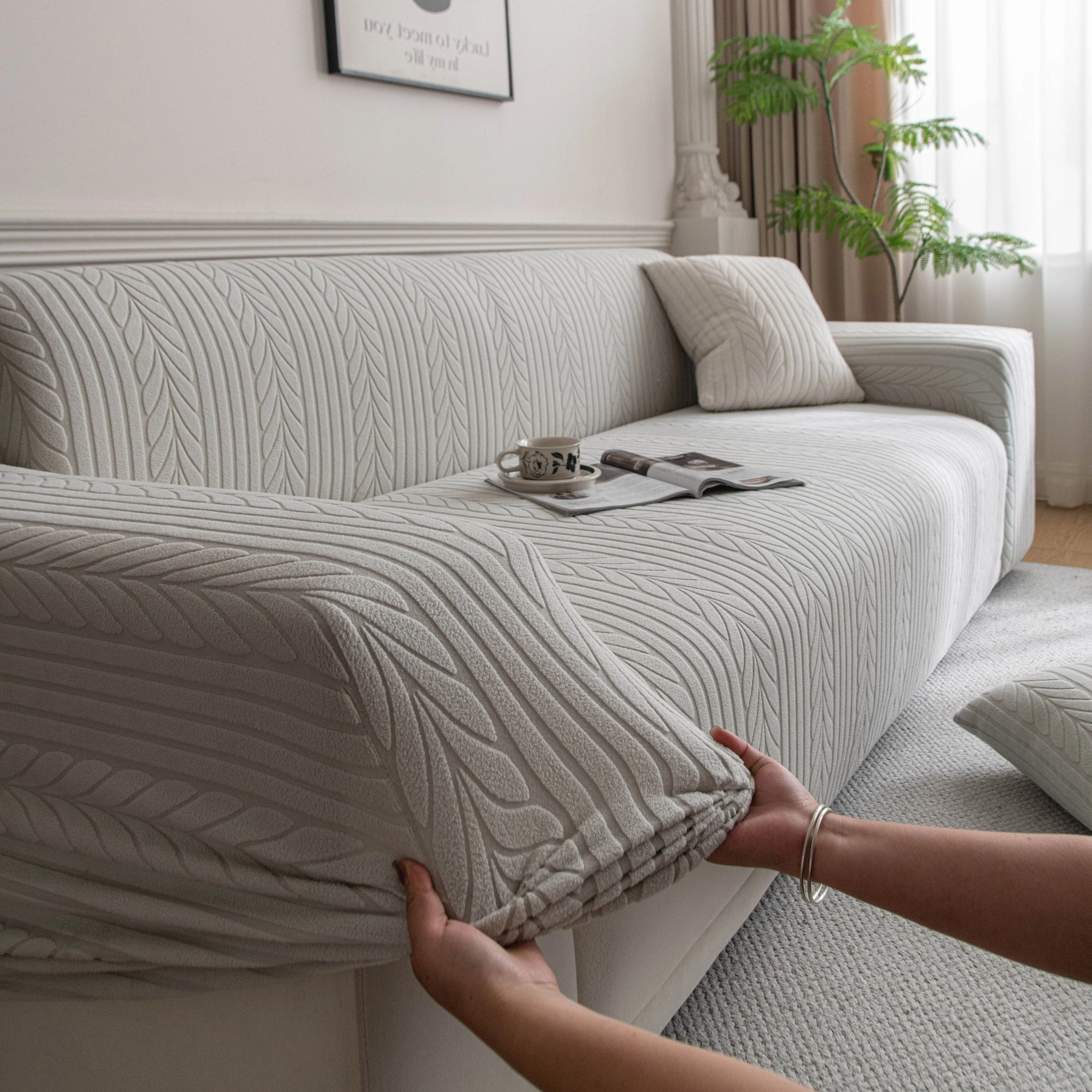 Plush Fleece Sofa Slipcover with 3D Wheat Pattern, Cozy High-Stretch Couch Cover - Image 69
