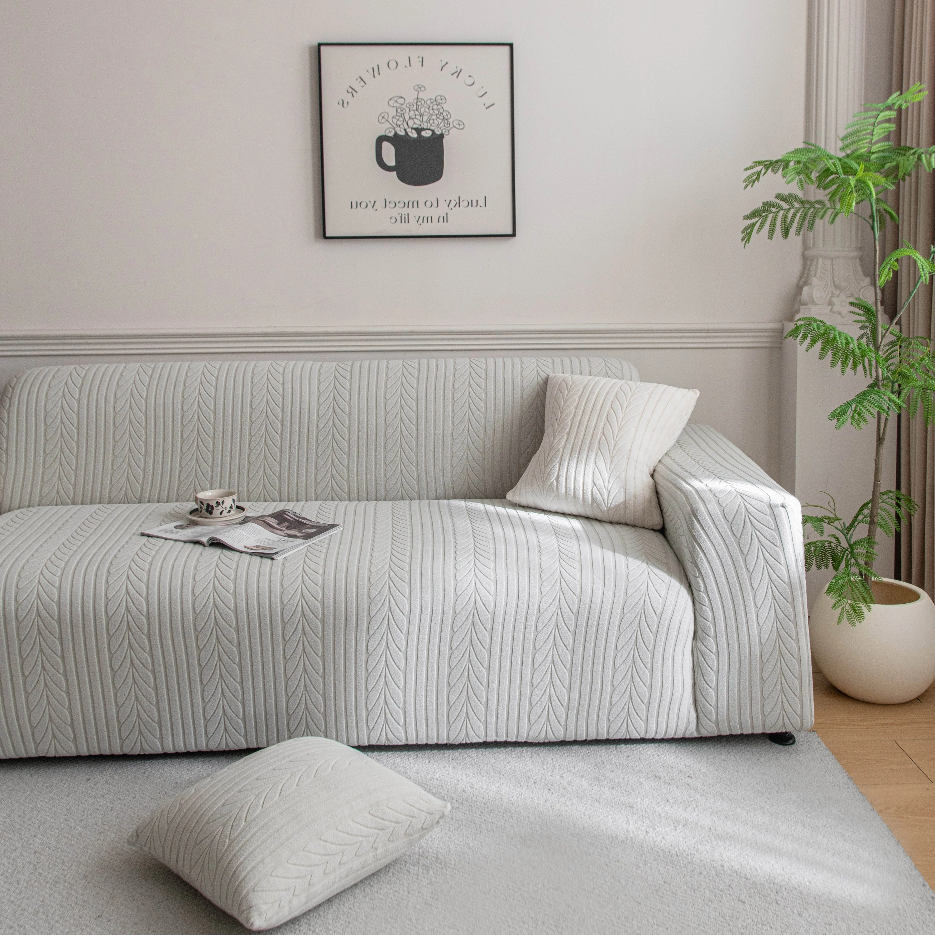 Plush Fleece Sofa Slipcover with 3D Wheat Pattern, Cozy High-Stretch Couch Cover - Image 70