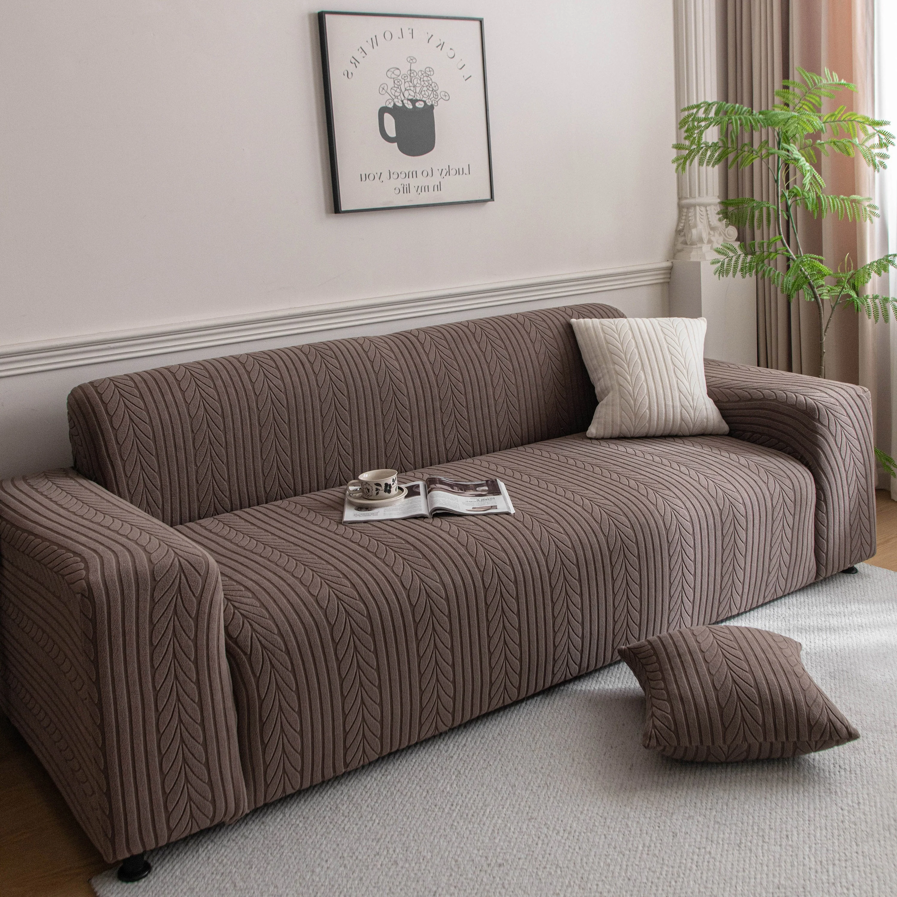 Plush Fleece Sofa Slipcover with 3D Wheat Pattern, Cozy High-Stretch Couch Cover - Image 71