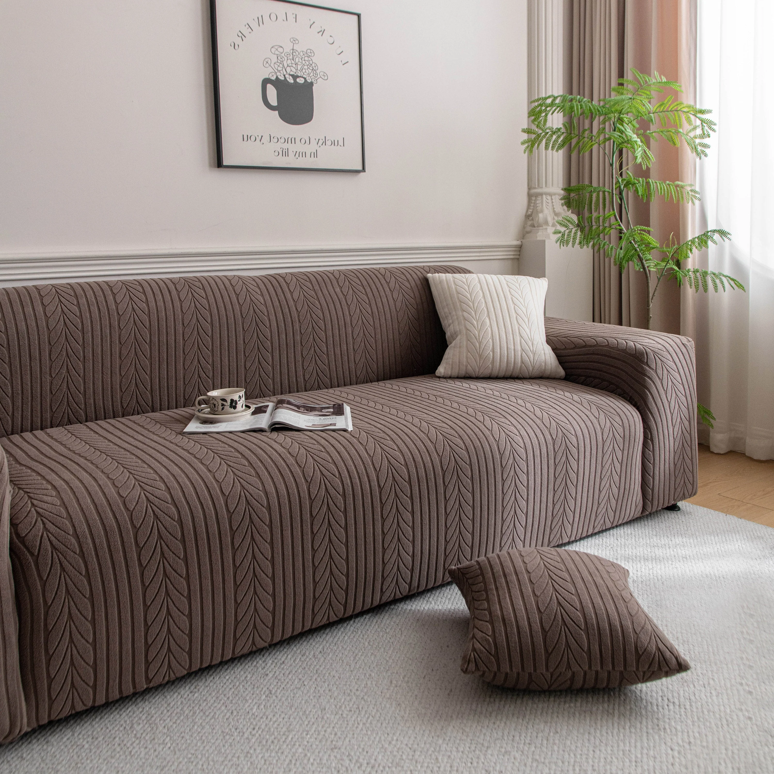 Plush Fleece Sofa Slipcover with 3D Wheat Pattern, Cozy High-Stretch Couch Cover - Image 73