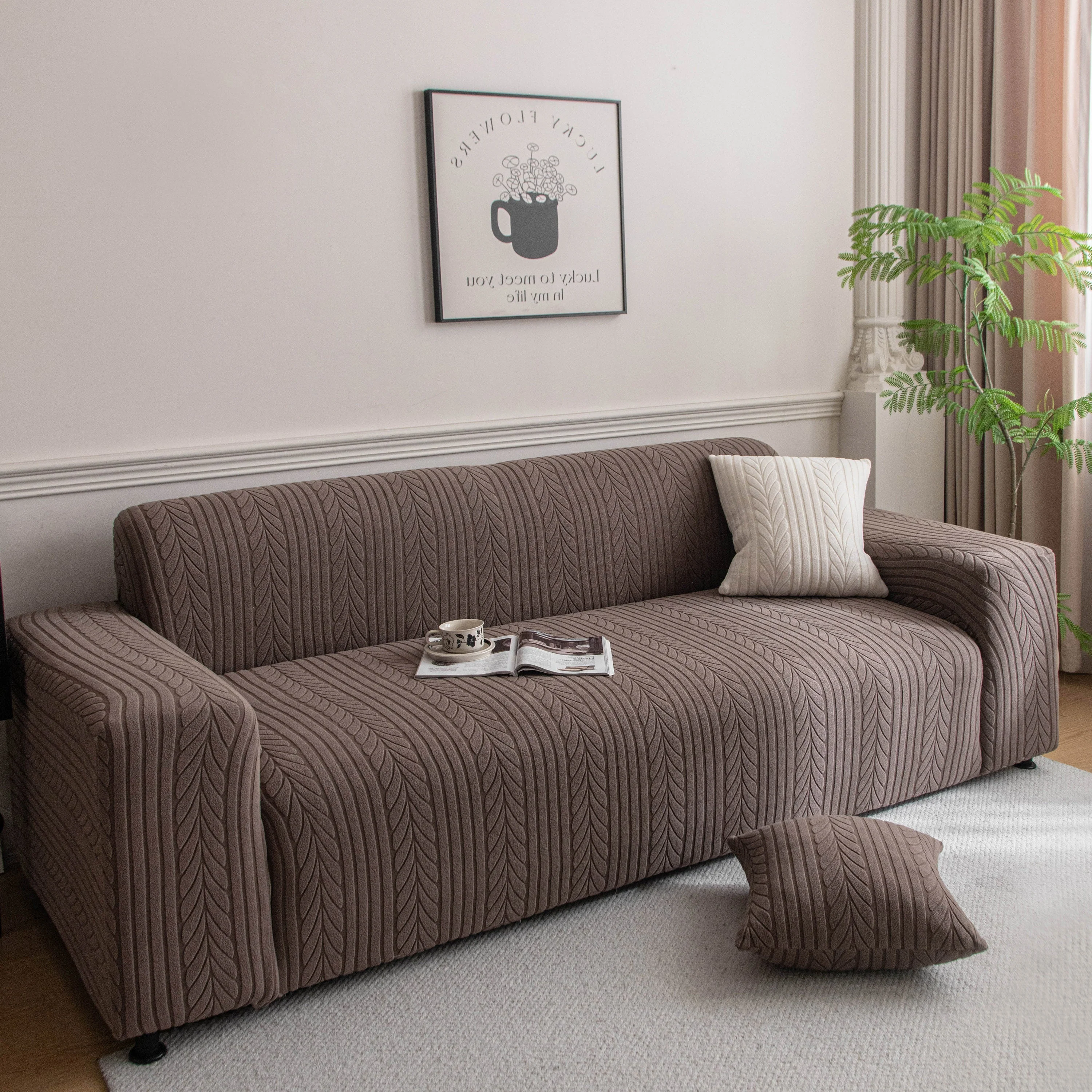 Plush Fleece Sofa Slipcover with 3D Wheat Pattern, Cozy High-Stretch Couch Cover - Image 74