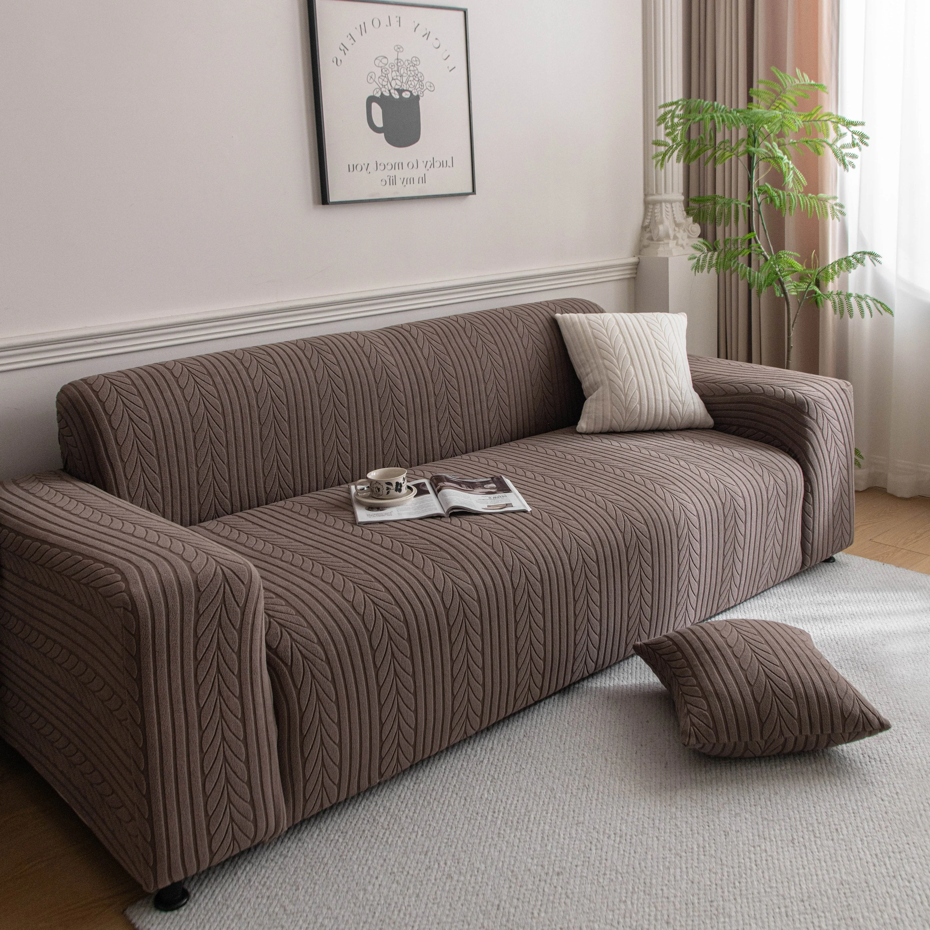 Plush Fleece Sofa Slipcover with 3D Wheat Pattern, Cozy High-Stretch Couch Cover - Image 75