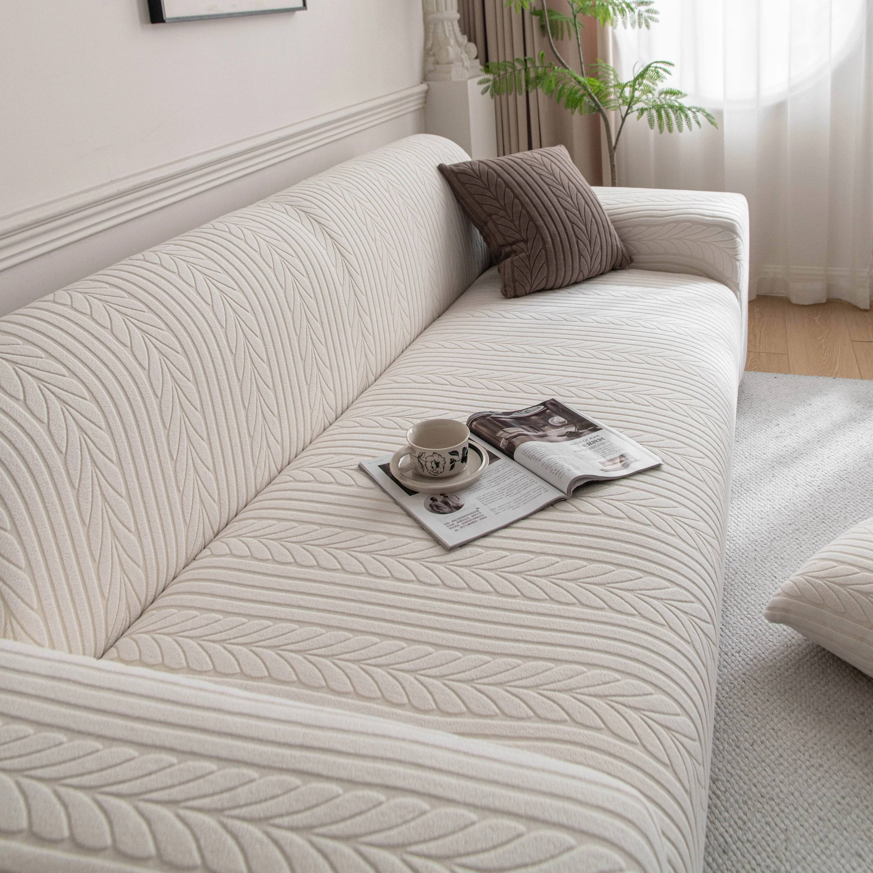 Plush Fleece Sofa Slipcover with 3D Wheat Pattern, Cozy High-Stretch Couch Cover - Image 8