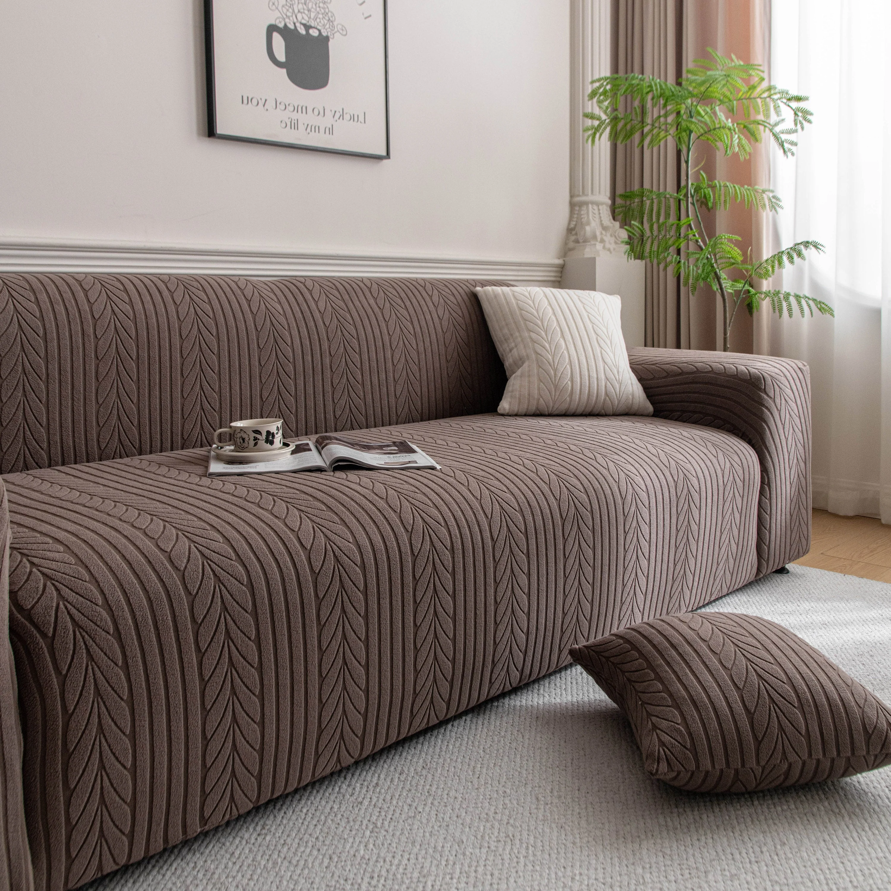 Plush Fleece Sofa Slipcover with 3D Wheat Pattern, Cozy High-Stretch Couch Cover - Image 86