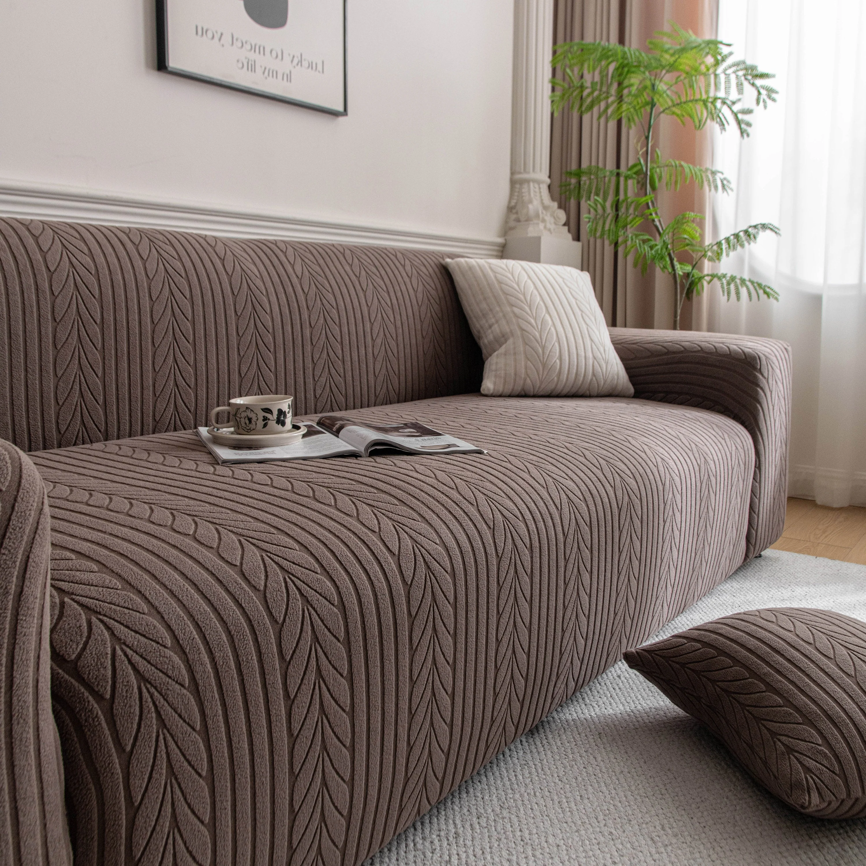 Plush Fleece Sofa Slipcover with 3D Wheat Pattern, Cozy High-Stretch Couch Cover - Image 87