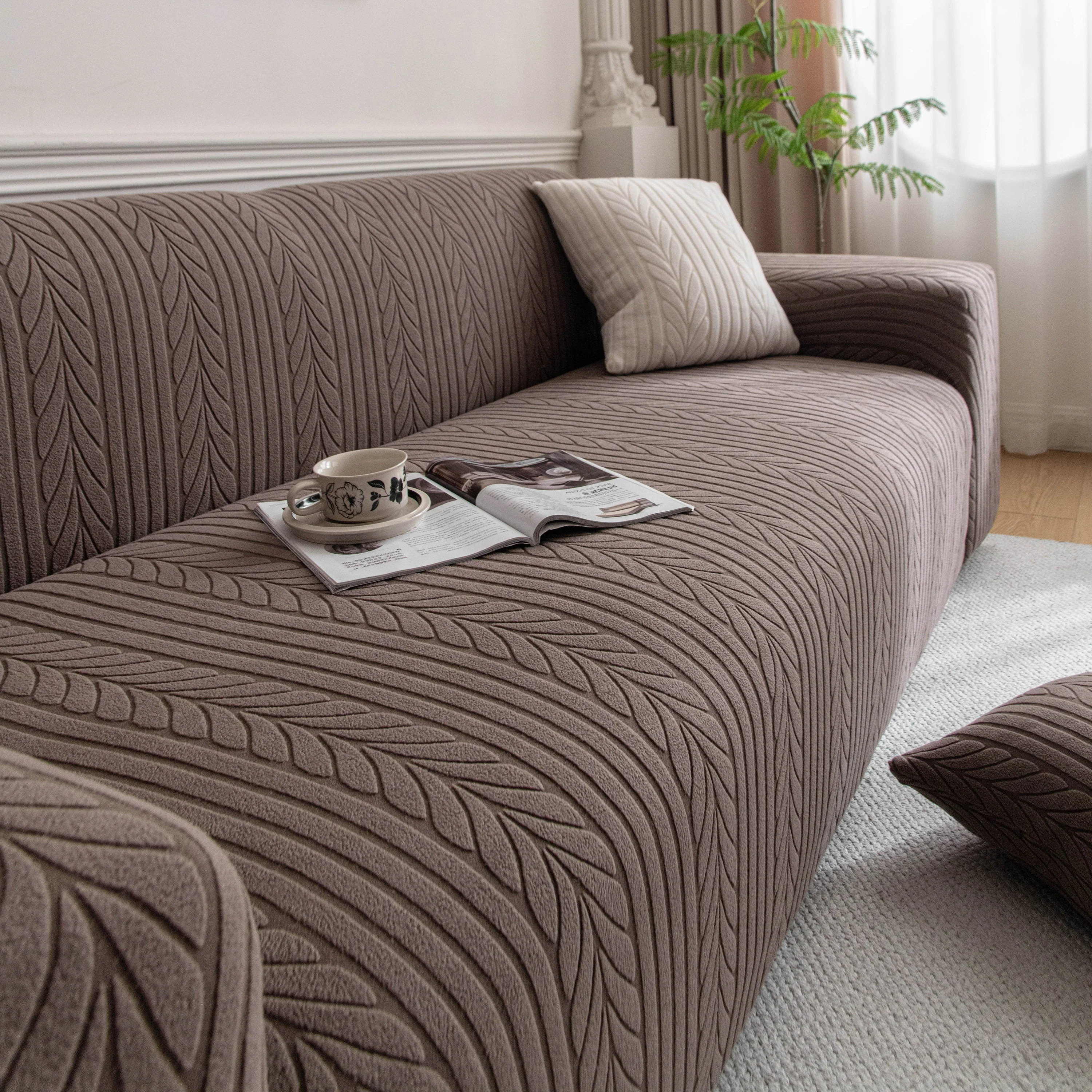 Plush Fleece Sofa Slipcover with 3D Wheat Pattern, Cozy High-Stretch Couch Cover - Image 88