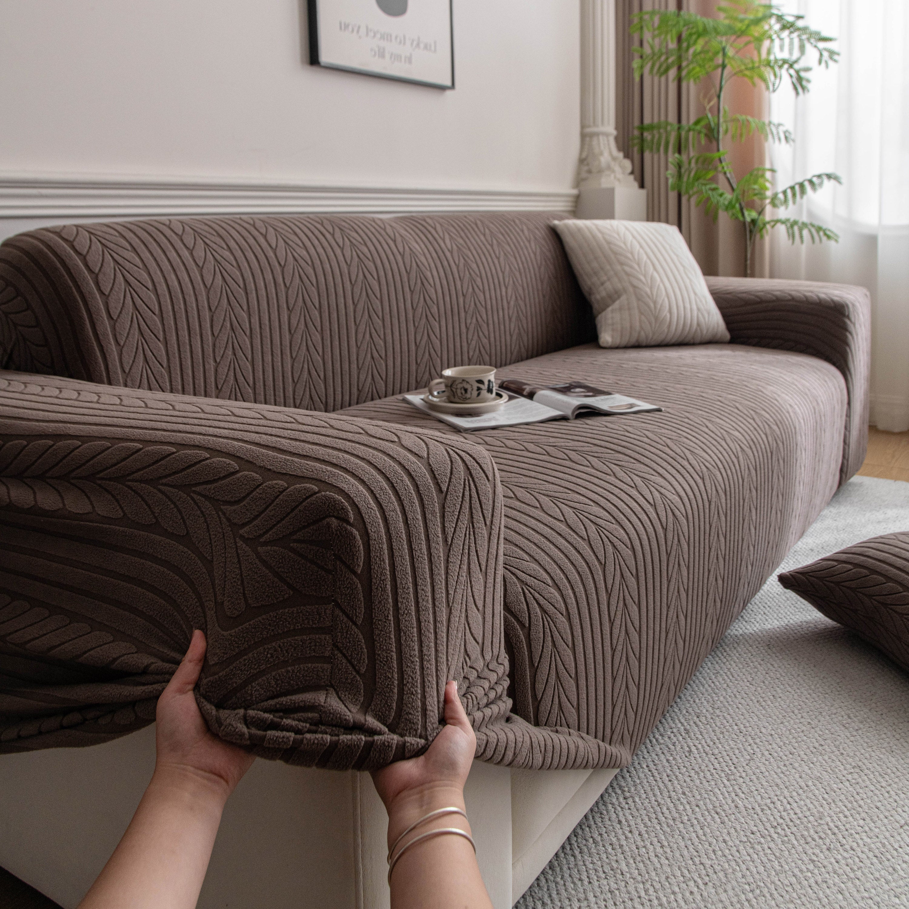 Plush Fleece Sofa Slipcover with 3D Wheat Pattern, Cozy High-Stretch Couch Cover - Image 89