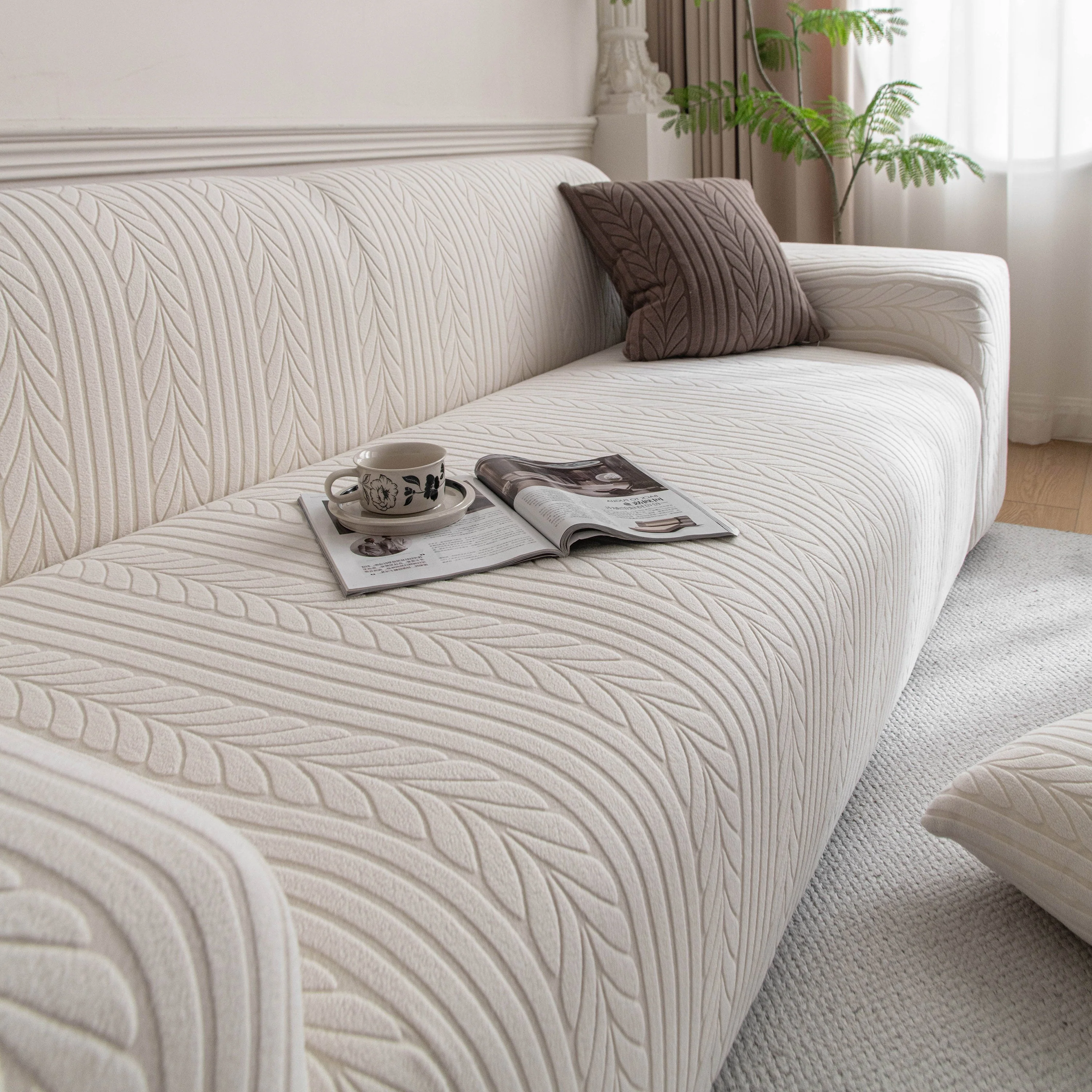 Plush Fleece Sofa Slipcover with 3D Wheat Pattern, Cozy High-Stretch Couch Cover - Image 9