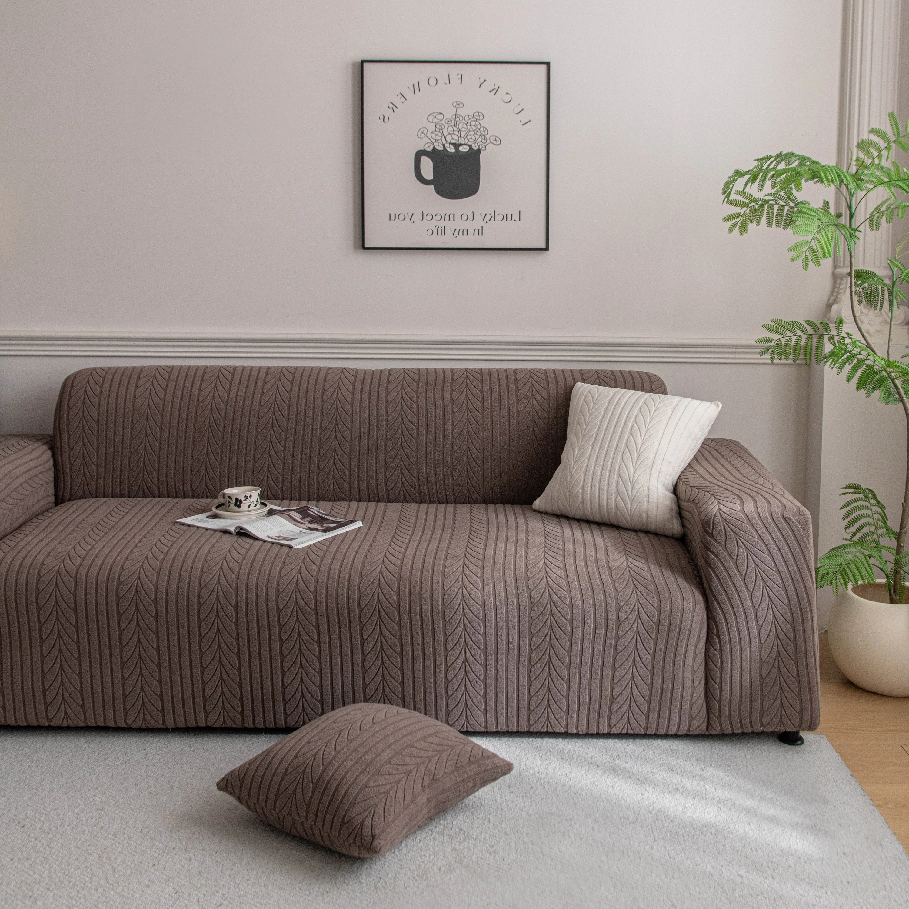 Plush Fleece Sofa Slipcover with 3D Wheat Pattern, Cozy High-Stretch Couch Cover - Image 91