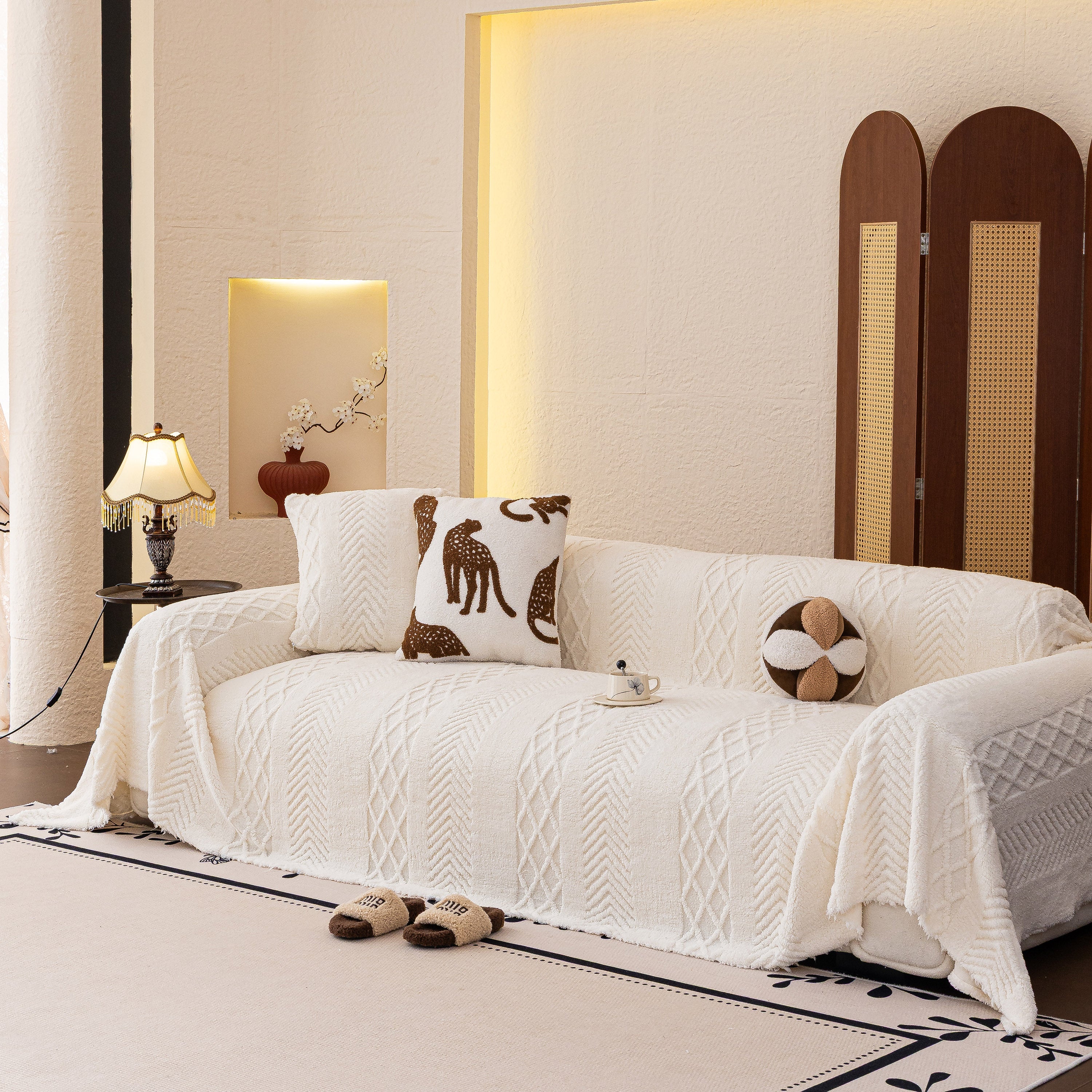Plush Fleece Sofa Cover with 3D Cable Knit Texture Soft Cozy Warm Sofa Throw Blanket - Image 26