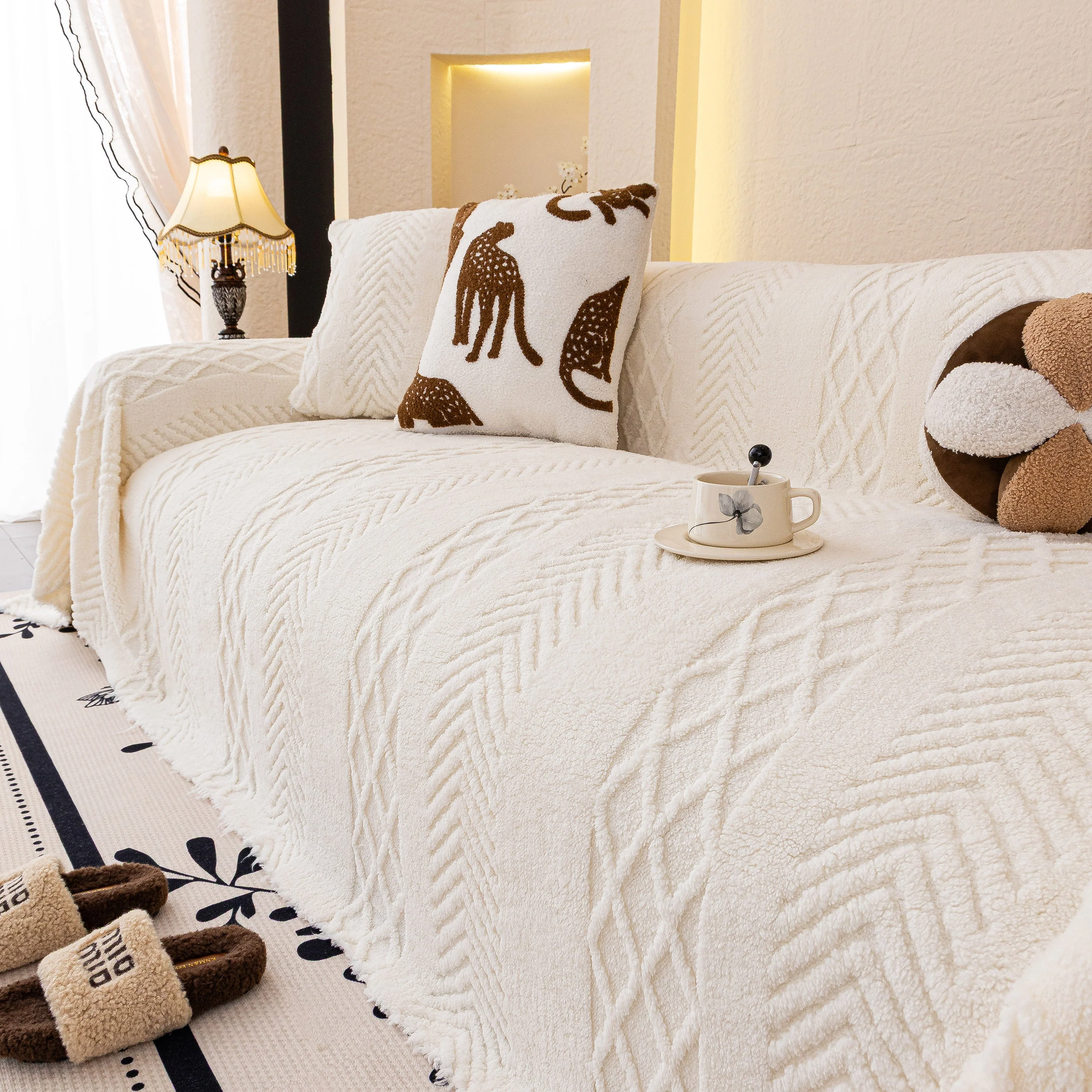Plush Fleece Sofa Cover with 3D Cable Knit Texture Soft Cozy Warm Sofa Throw Blanket - Image 32