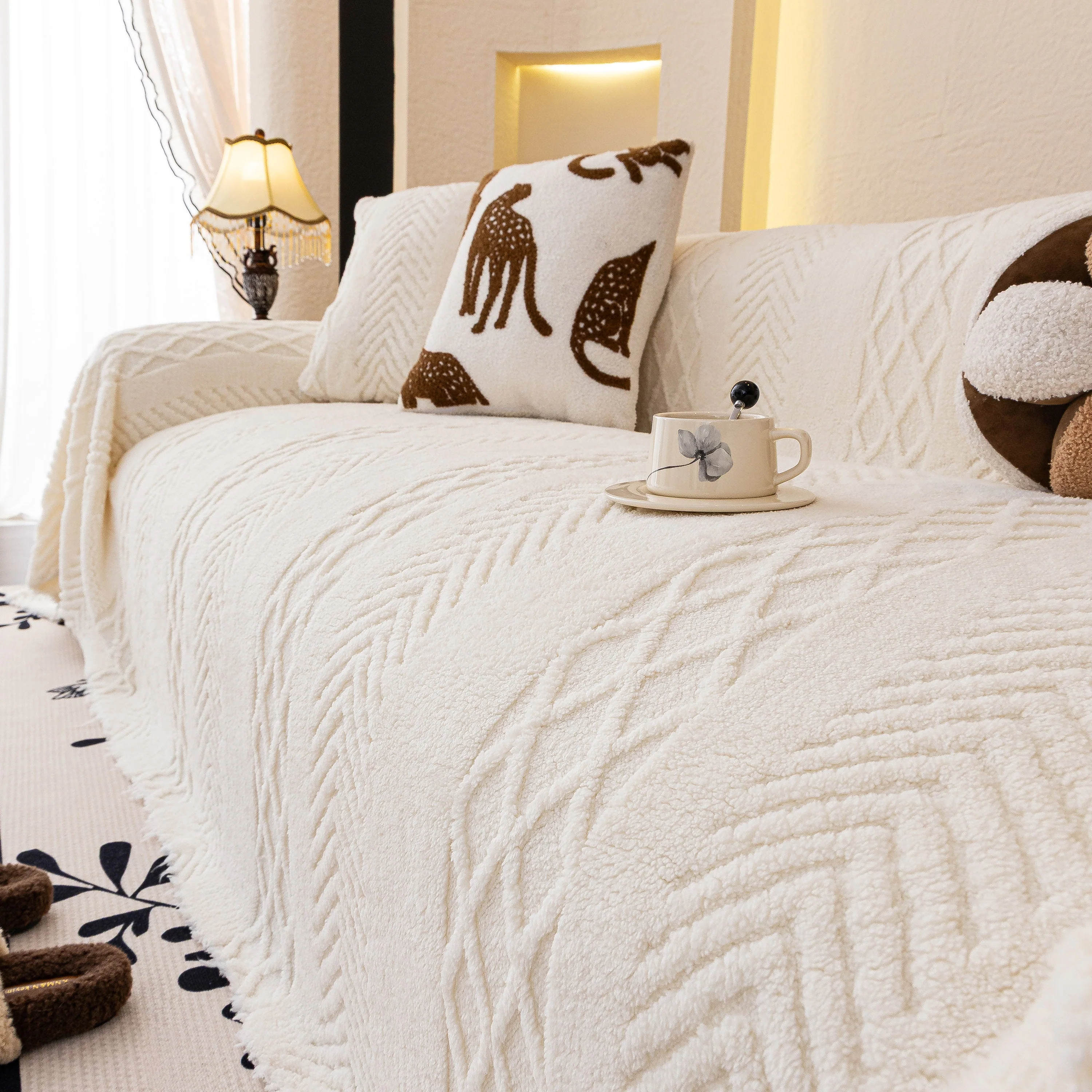 Plush Fleece Sofa Cover with 3D Cable Knit Texture Soft Cozy Warm Sofa Throw Blanket - Image 33