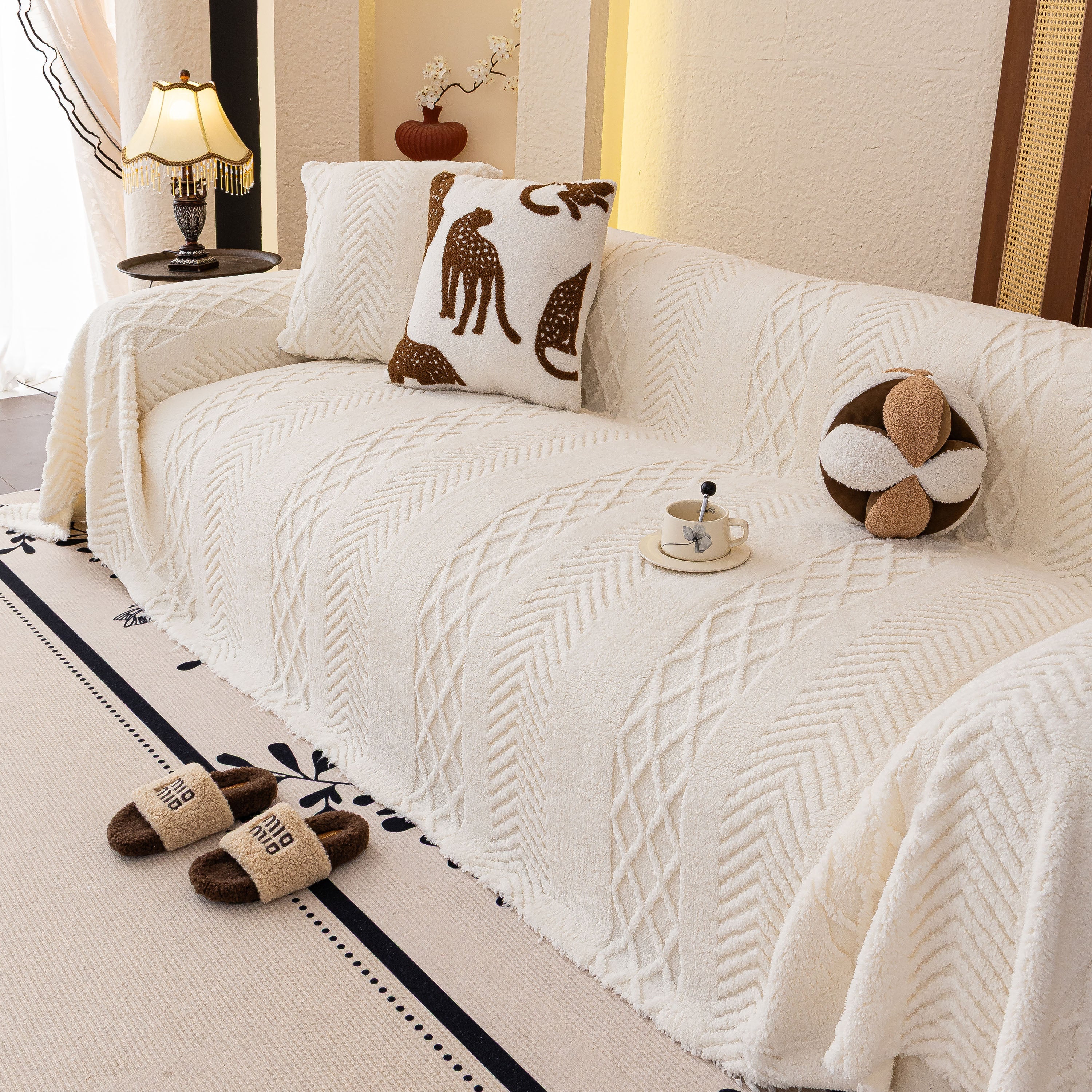 Plush Fleece Sofa Cover with 3D Cable Knit Texture Soft Cozy Warm Sofa Throw Blanket - Image 45