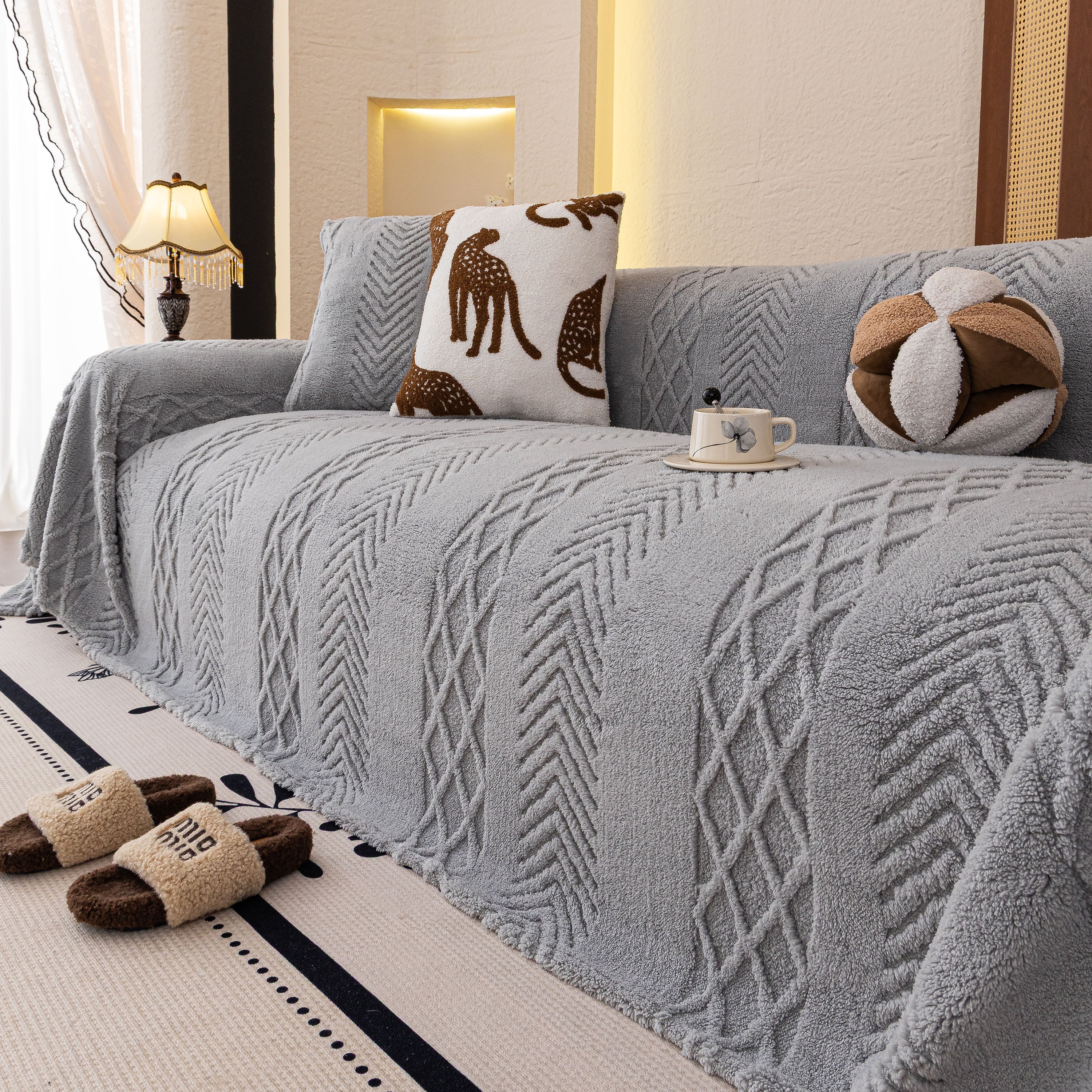 Plush Fleece Sofa Cover with 3D Cable Knit Texture Soft Cozy Warm Sofa Throw Blanket - Image 48