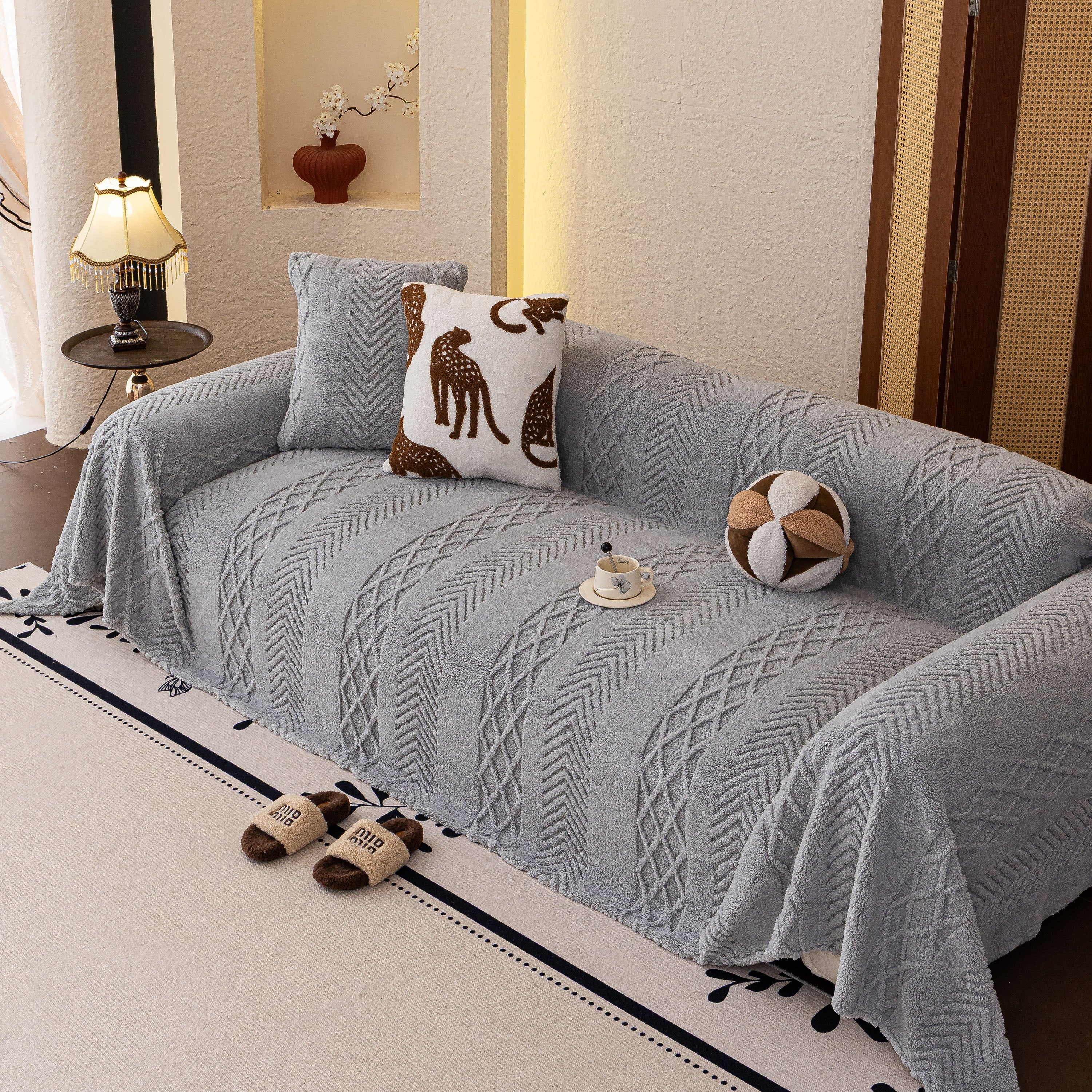 Plush Fleece Sofa Cover with 3D Cable Knit Texture Soft Cozy Warm Sofa Throw Blanket - Image 52