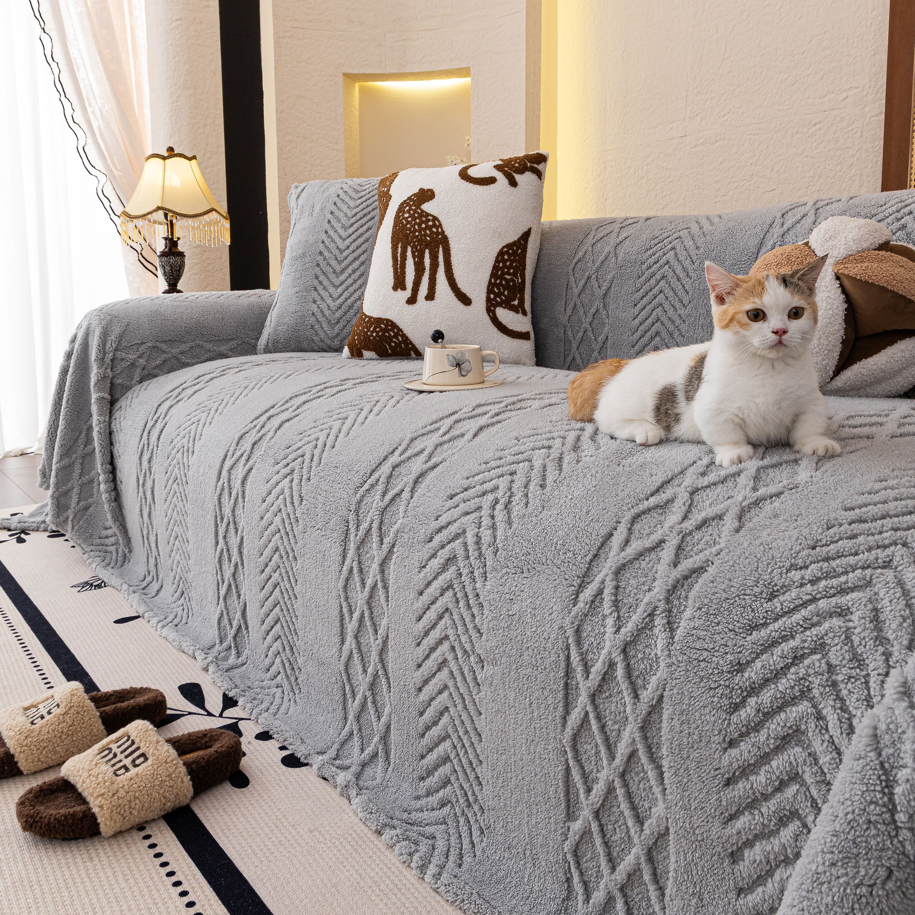 Plush Fleece Sofa Cover with 3D Cable Knit Texture Soft Cozy Warm Sofa Throw Blanket - Image 67