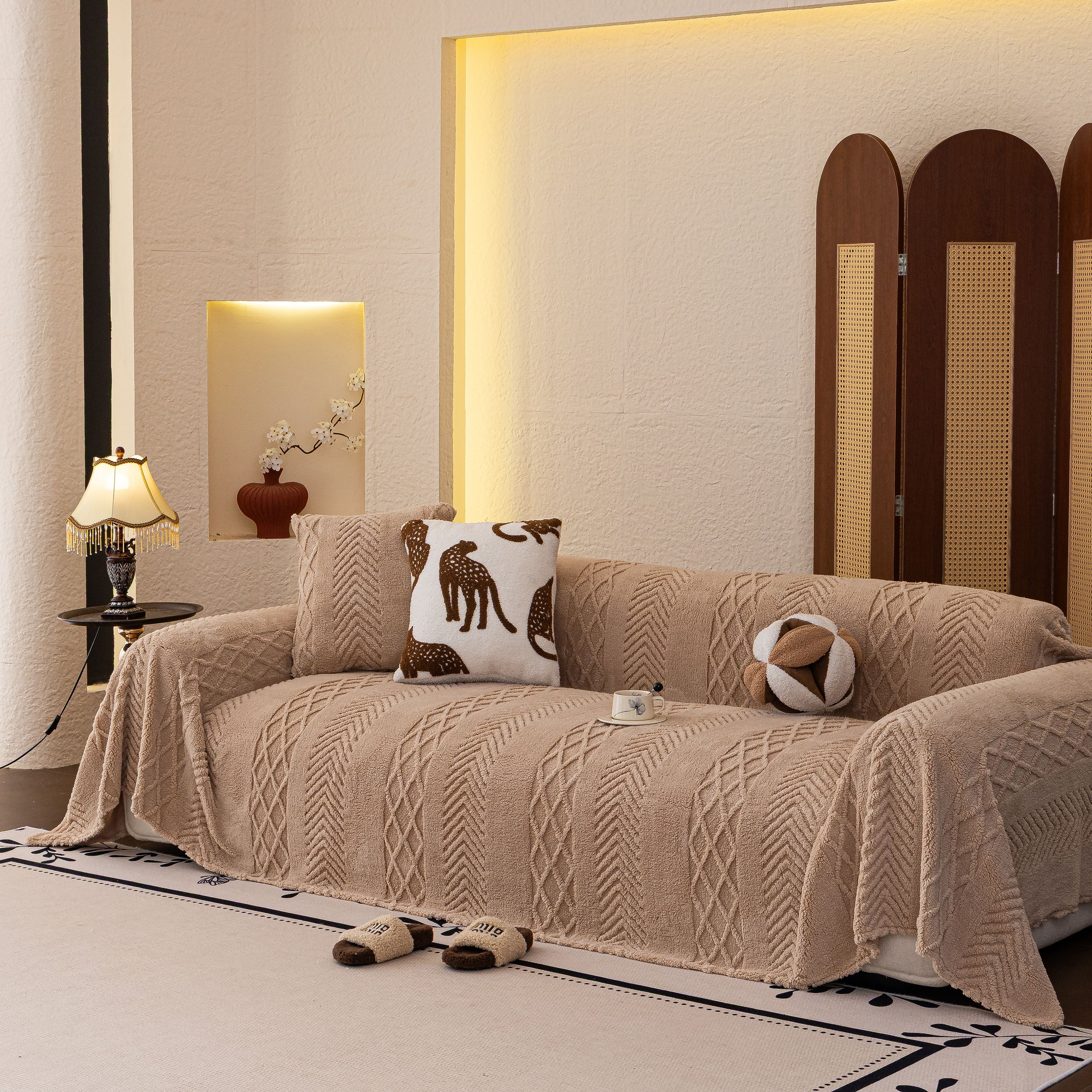 Plush Fleece Sofa Cover with 3D Cable Knit Texture Soft Cozy Warm Sofa Throw Blanket - Image 71