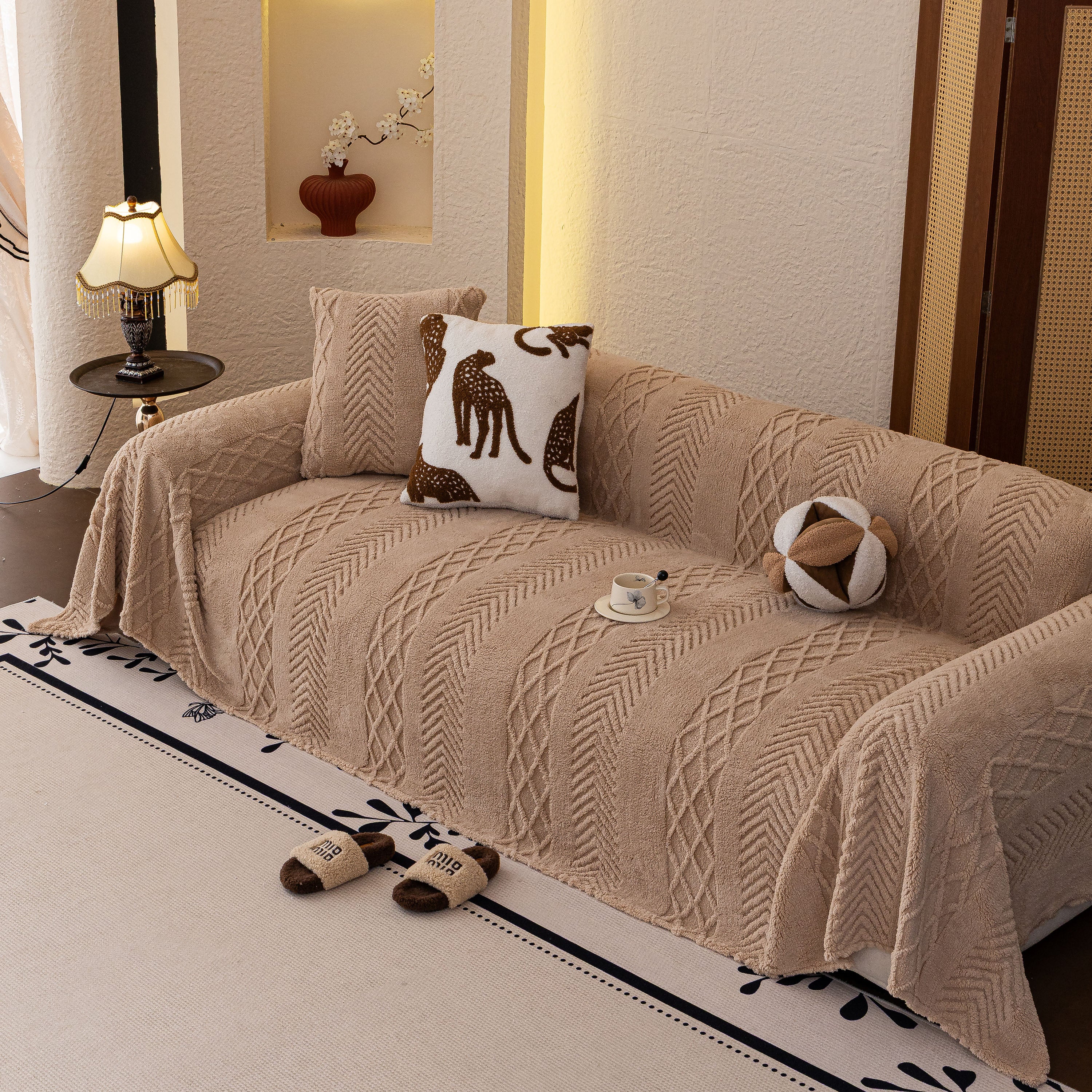 Plush Fleece Sofa Cover with 3D Cable Knit Texture Soft Cozy Warm Sofa Throw Blanket - Image 73