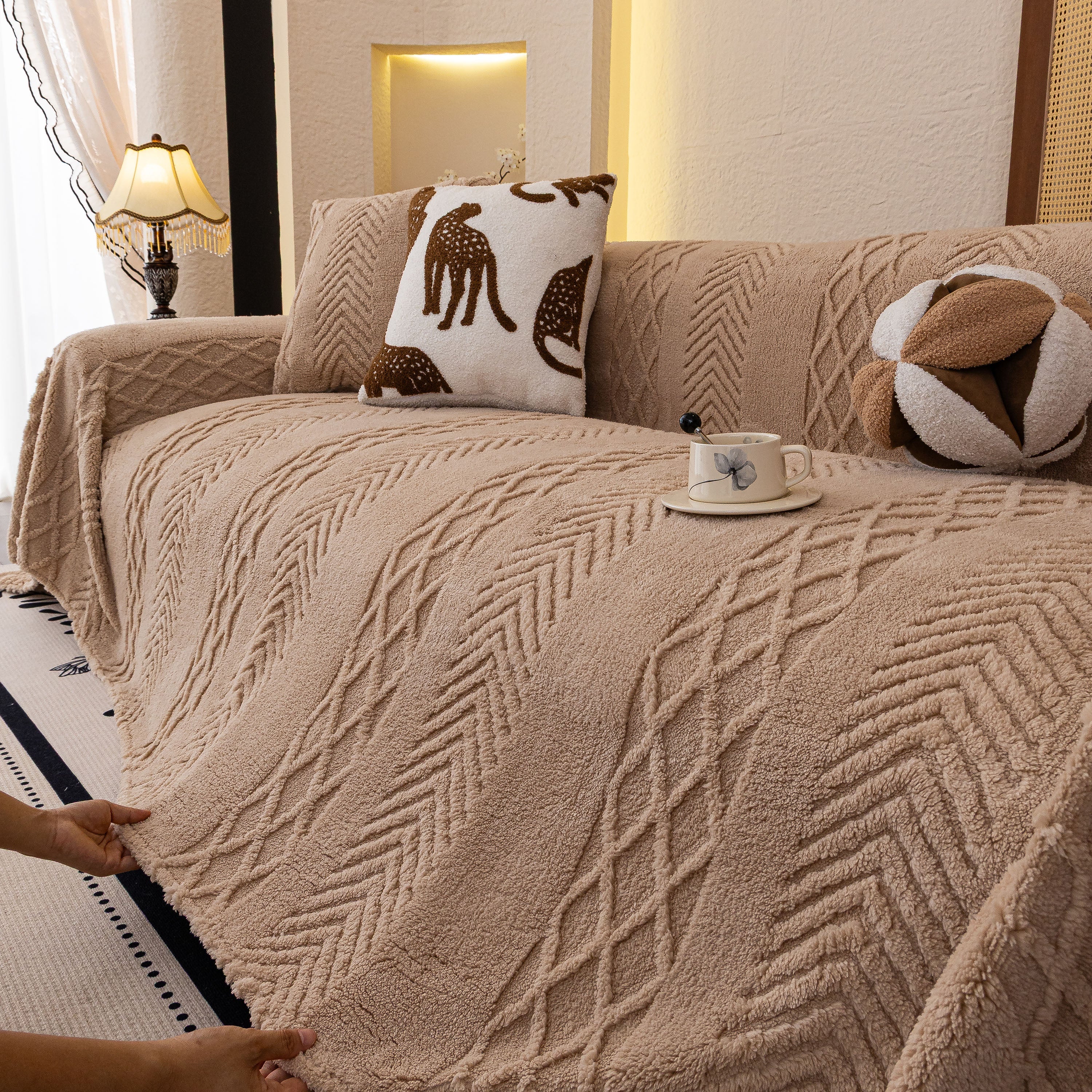 Plush Fleece Sofa Cover with 3D Cable Knit Texture Soft Cozy Warm Sofa Throw Blanket - Image 83