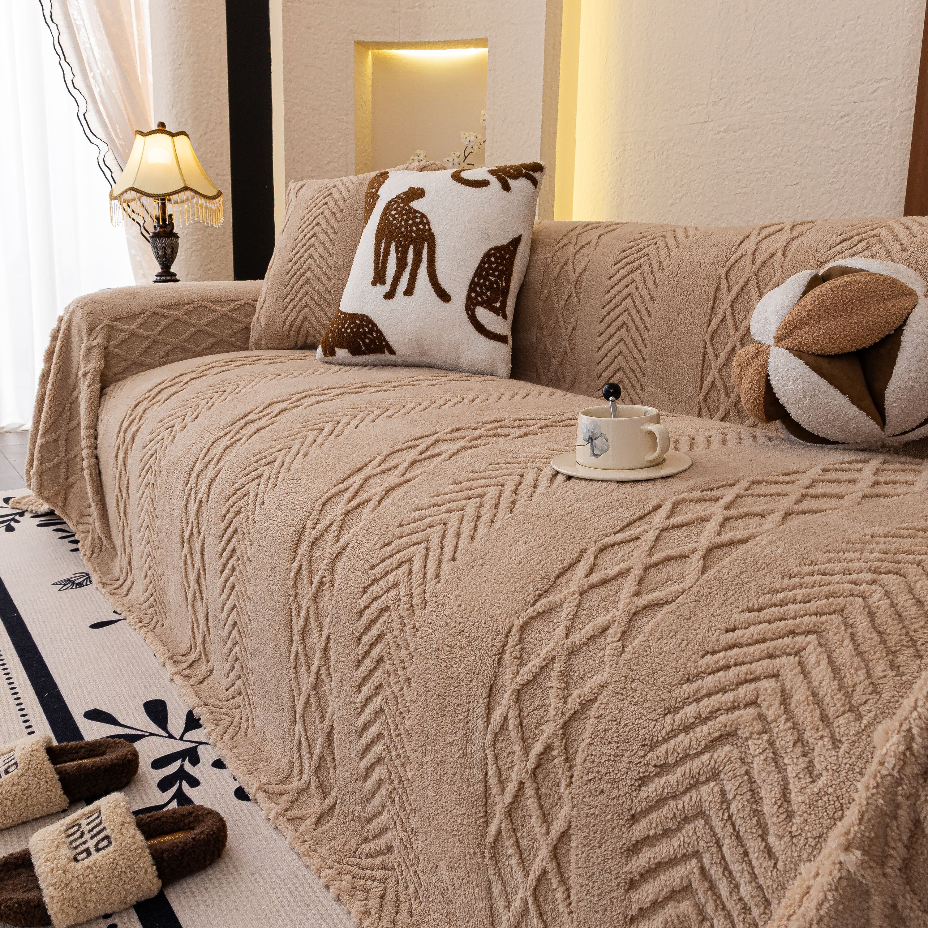 Plush Fleece Sofa Cover with 3D Cable Knit Texture Soft Cozy Warm Sofa Throw Blanket - Image 90