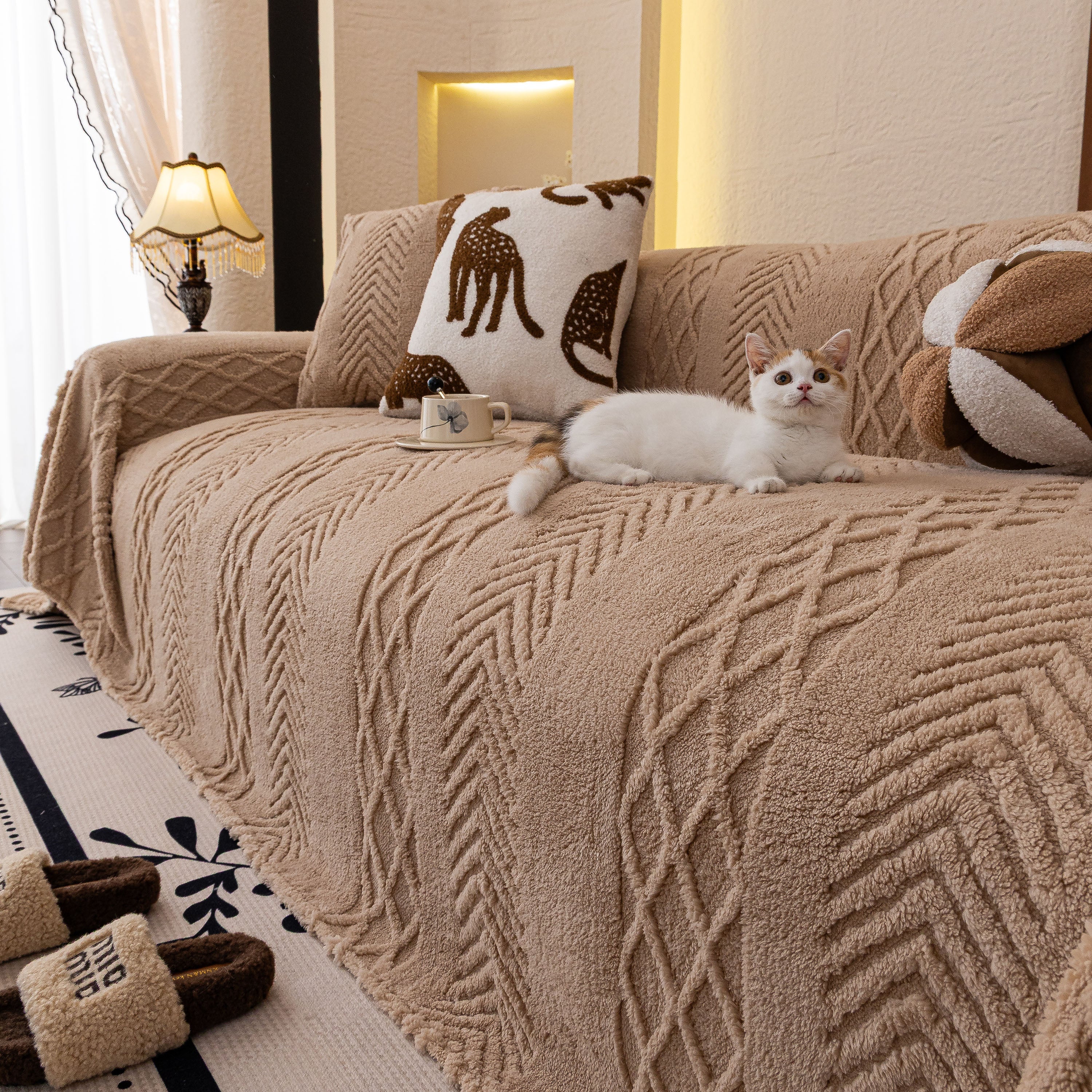 Plush Fleece Sofa Cover with 3D Cable Knit Texture Soft Cozy Warm Sofa Throw Blanket - Image 91