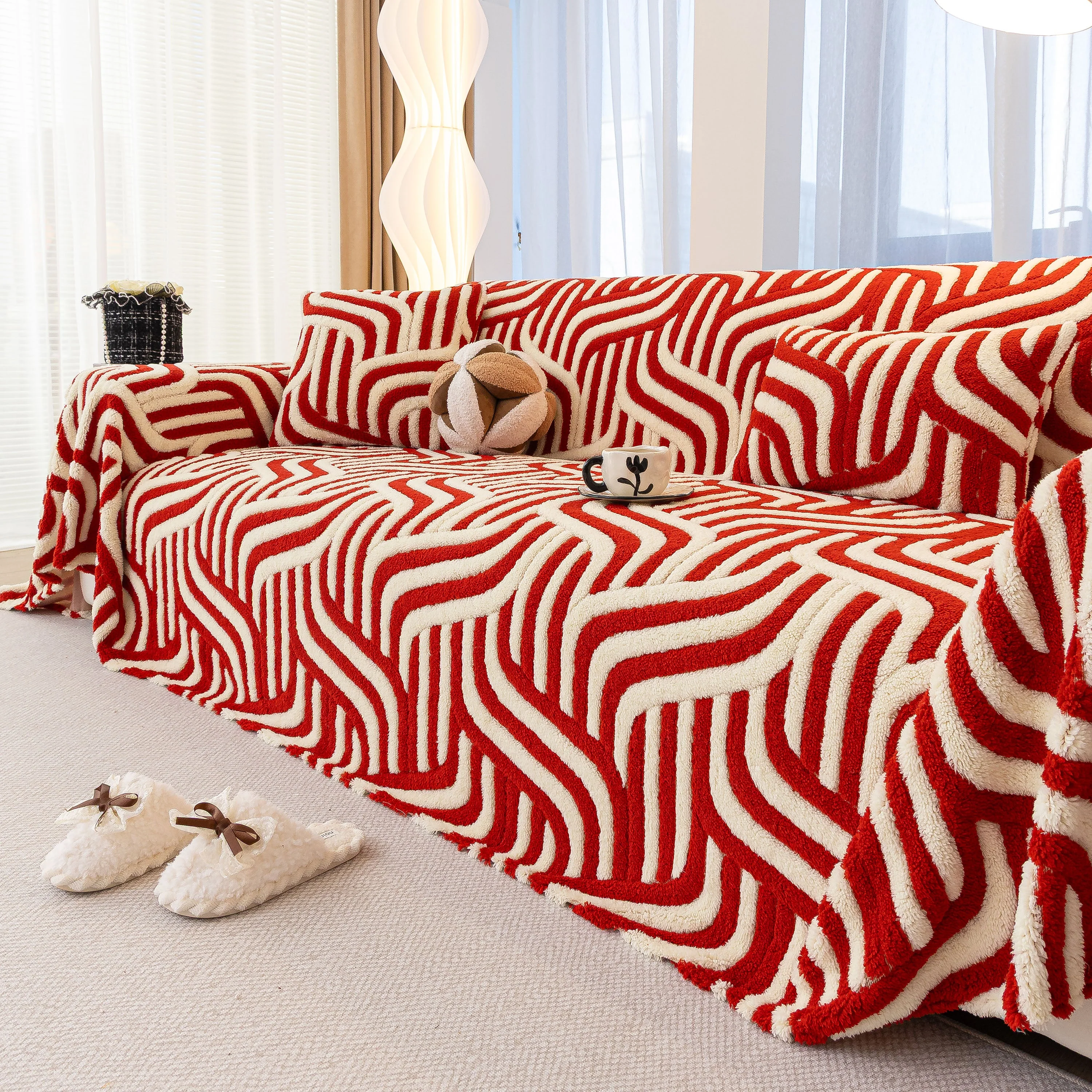 Plush Sherpa Sofa Throw Cover for Sectional, Jacquard Wave Throw Furniture Protector - Image 10